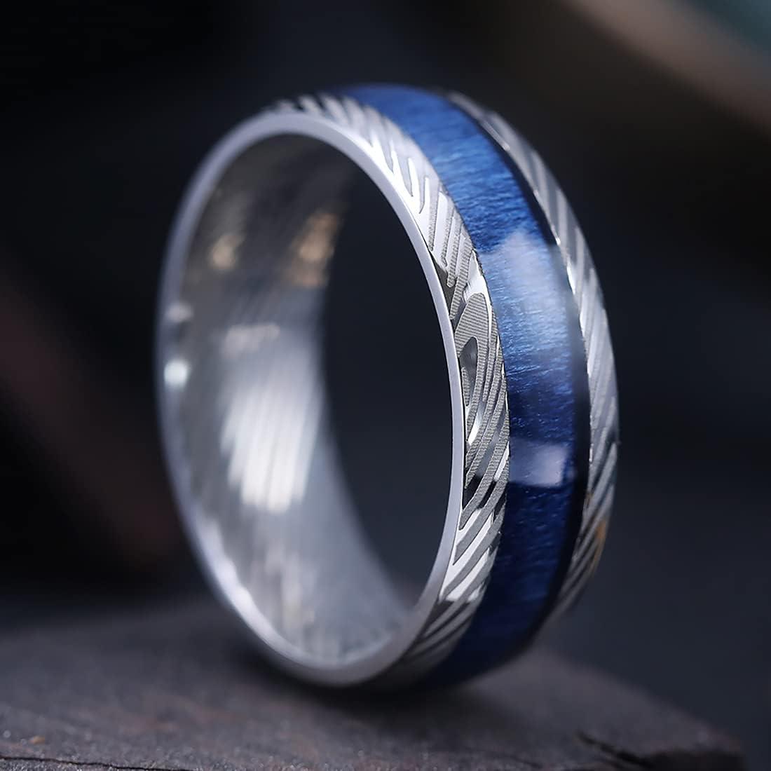 imageKing Will Titanium Wedding Band for Men 78mm BlackSilverGold Titanium Men Ring with KoaMaple Wood Inlay Wooden Wedding Ring for Men Women Comfort Fit Size 614CSliver Blue Wood