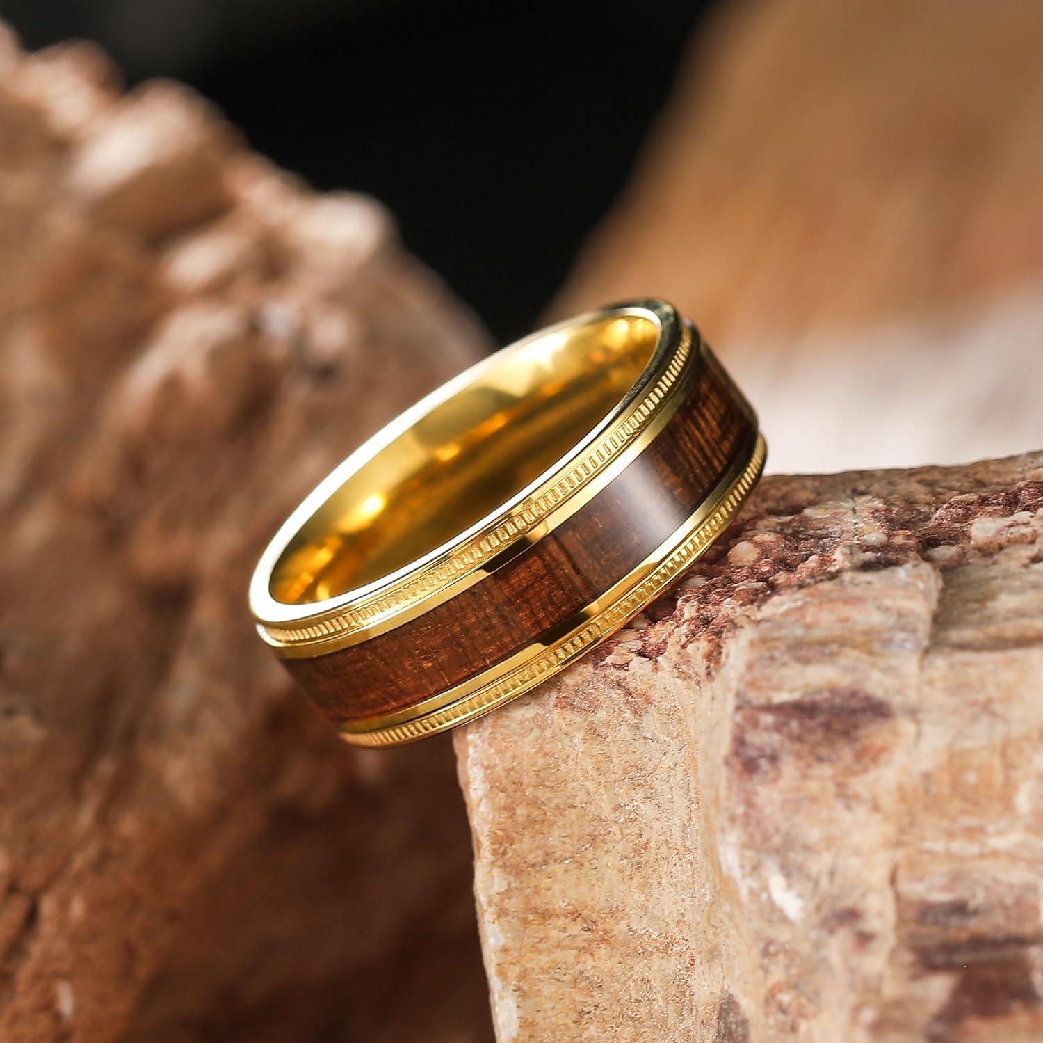 imageKing Will Titanium Wedding Band for Men 78mm BlackSilverGold Titanium Men Ring with KoaMaple Wood Inlay Wooden Wedding Ring for Men Women Comfort Fit Size 614AGold Sapele Wood