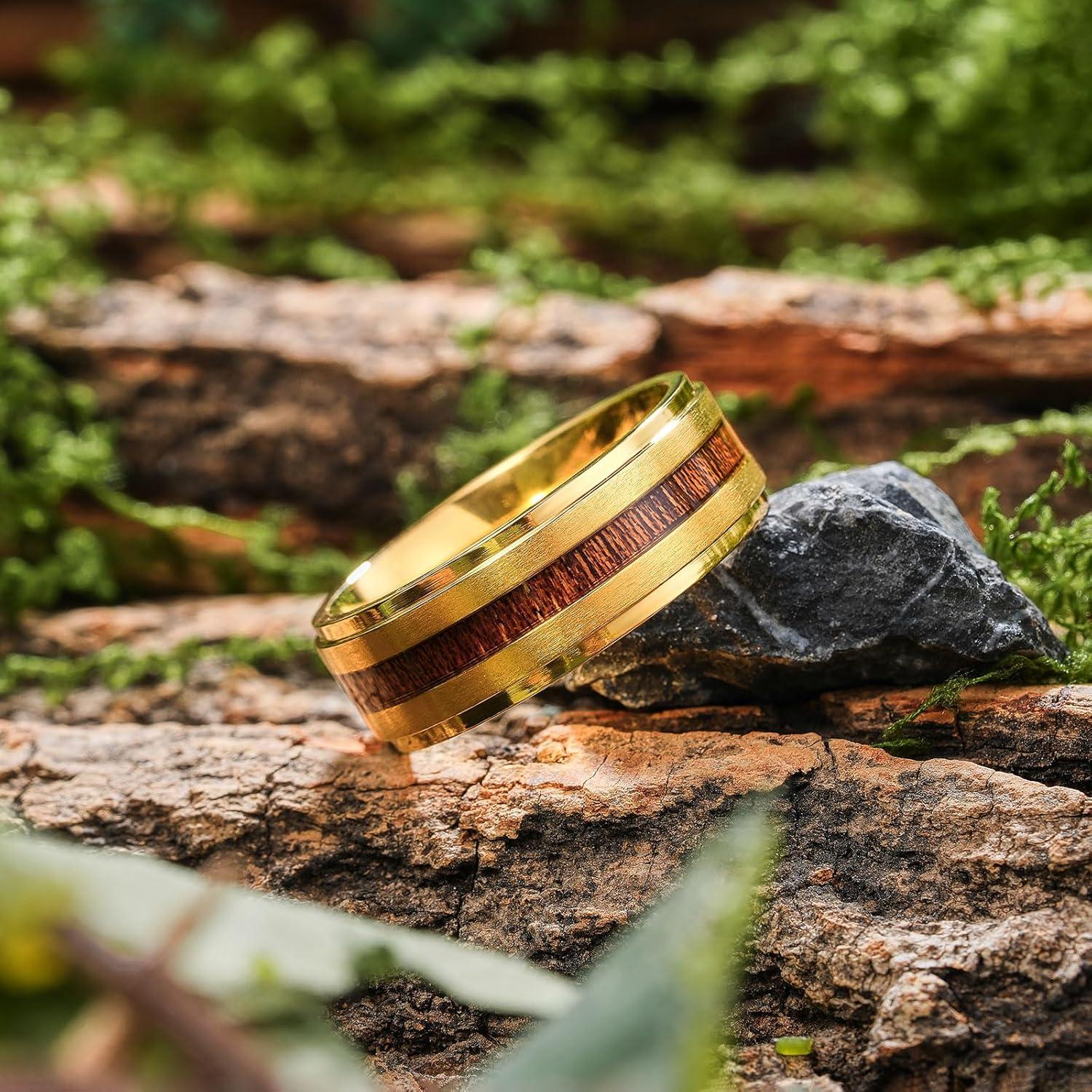 imageKing Will Titanium Wedding Band for Men 78mm BlackSilverGold Titanium Men Ring with KoaMaple Wood Inlay Wooden Wedding Ring for Men Women Comfort Fit Size 614BGold Koa Wood