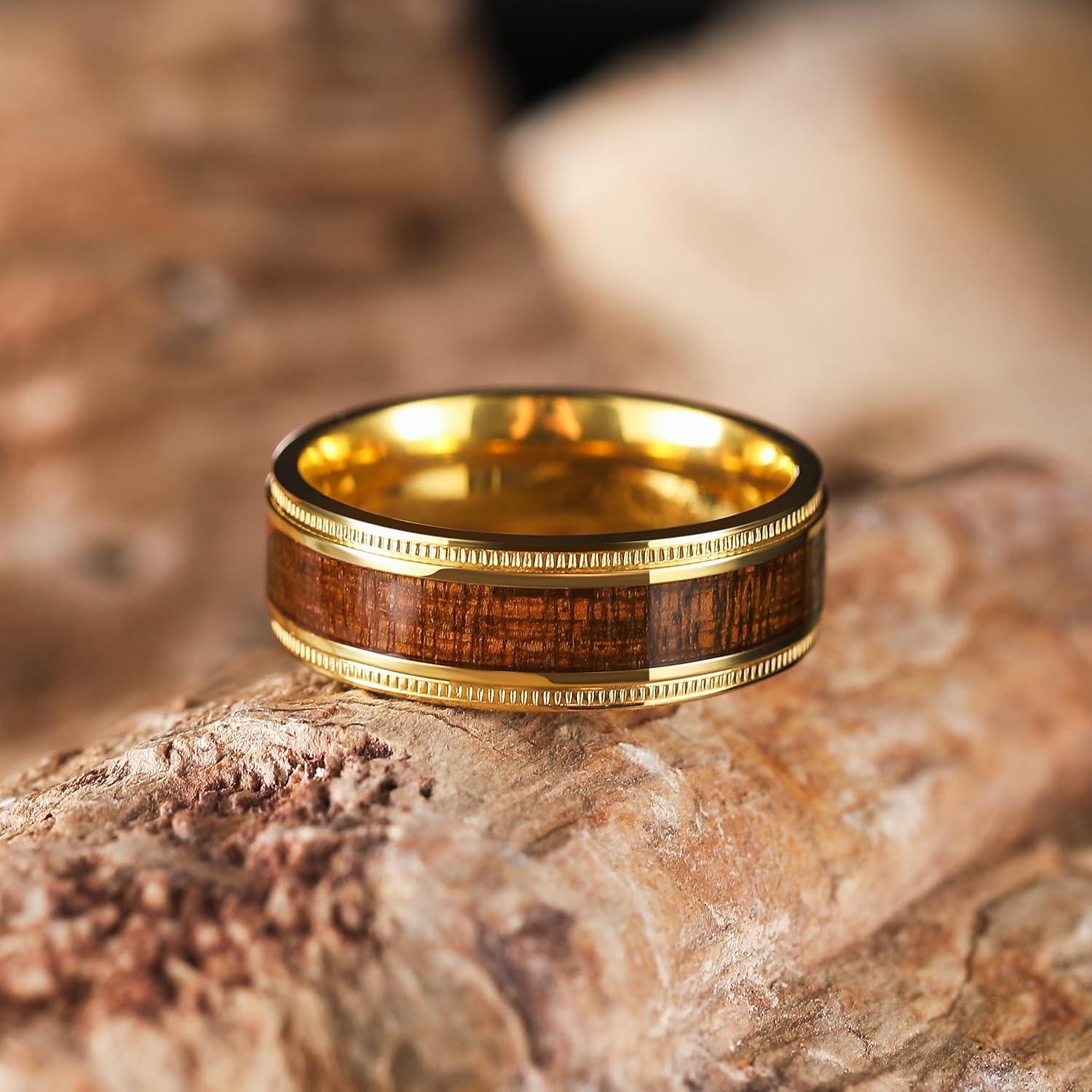 imageKing Will Titanium Wedding Band for Men 78mm BlackSilverGold Titanium Men Ring with KoaMaple Wood Inlay Wooden Wedding Ring for Men Women Comfort Fit Size 614AGold Sapele Wood
