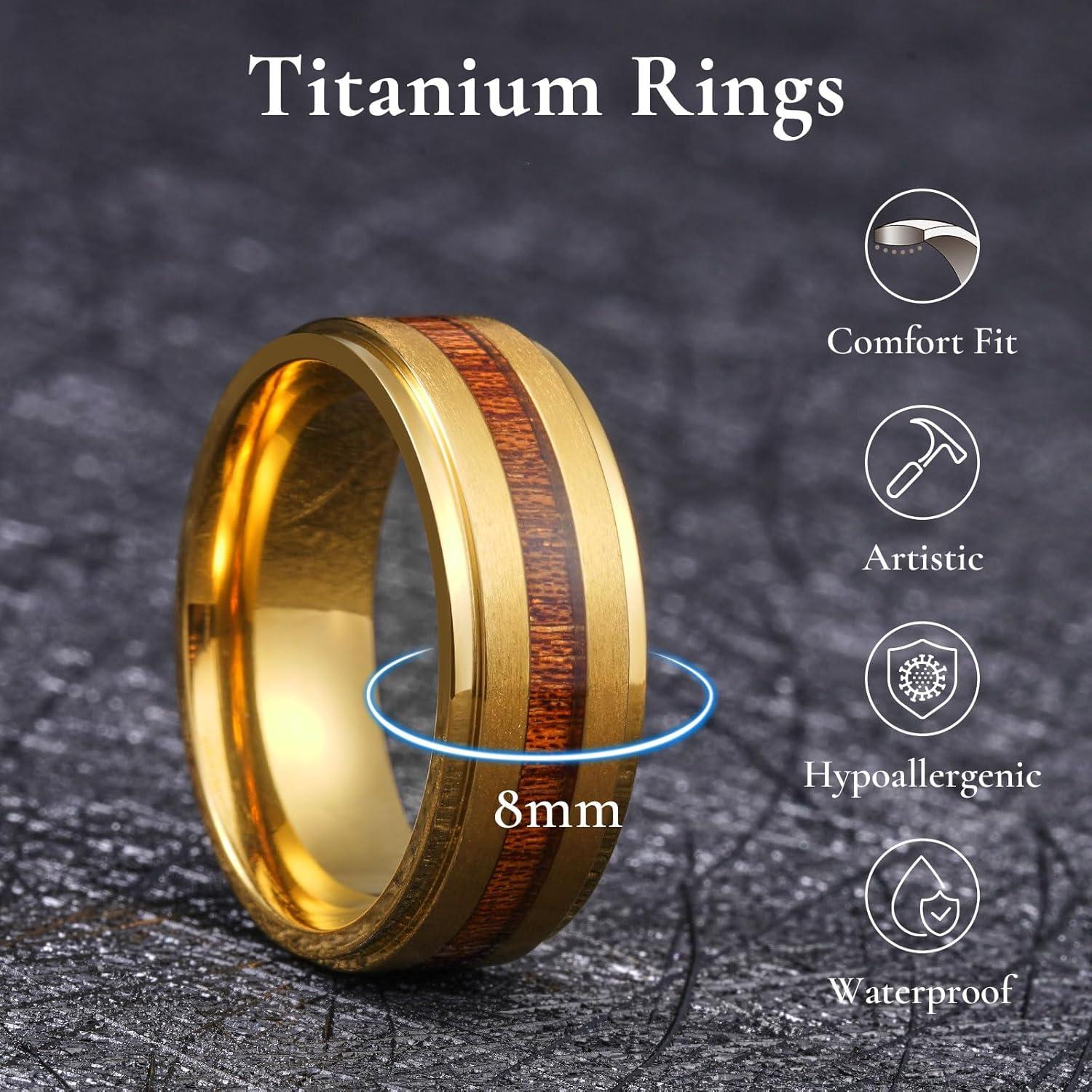 imageKing Will Titanium Wedding Band for Men 78mm BlackSilverGold Titanium Men Ring with KoaMaple Wood Inlay Wooden Wedding Ring for Men Women Comfort Fit Size 614BGold Koa Wood