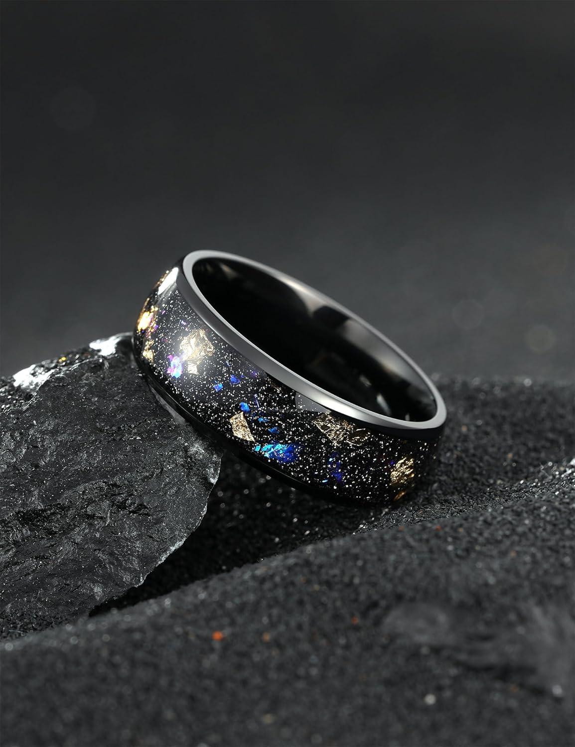 imageKing Will Titanium Wedding Band for Men Women8mm Black Titanium Rings with Multicolor Foils Inlay Durable Wedding Rings with Domed ampamp Flat Cut Style Comfort Fit Size 713ABlackGoldPurple