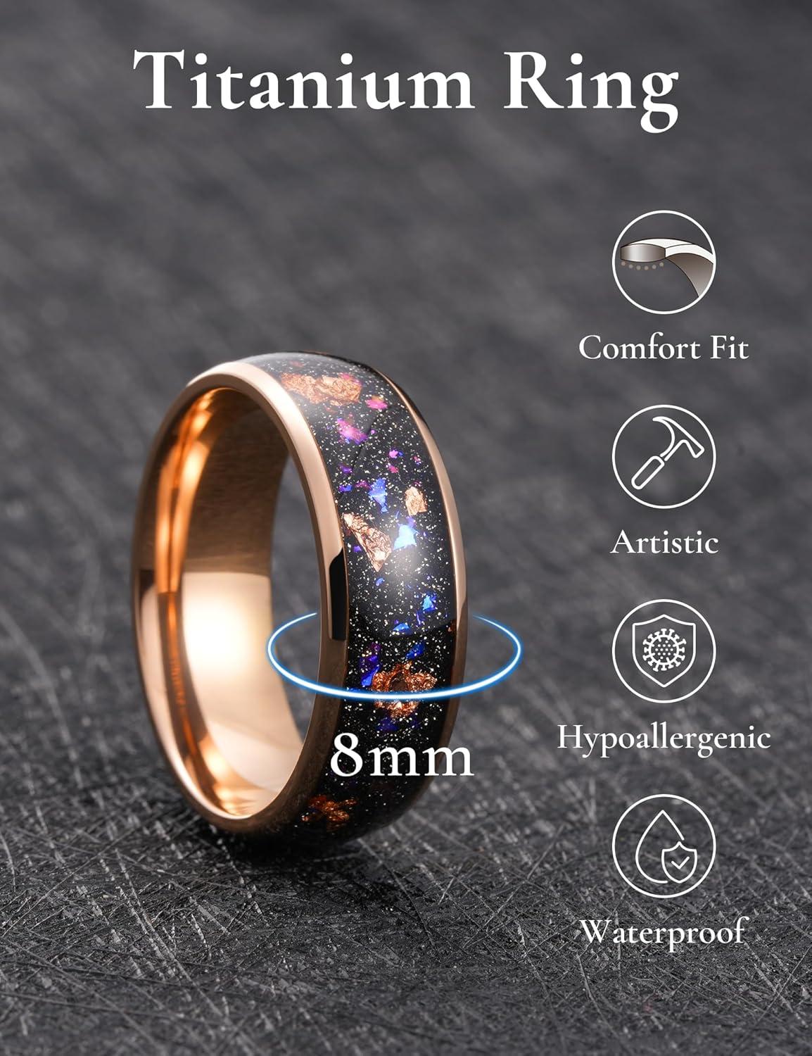 imageKing Will Titanium Wedding Band for Men Women8mm Black Titanium Rings with Multicolor Foils Inlay Durable Wedding Rings with Domed ampamp Flat Cut Style Comfort Fit Size 713ARose GoldGoldPurple