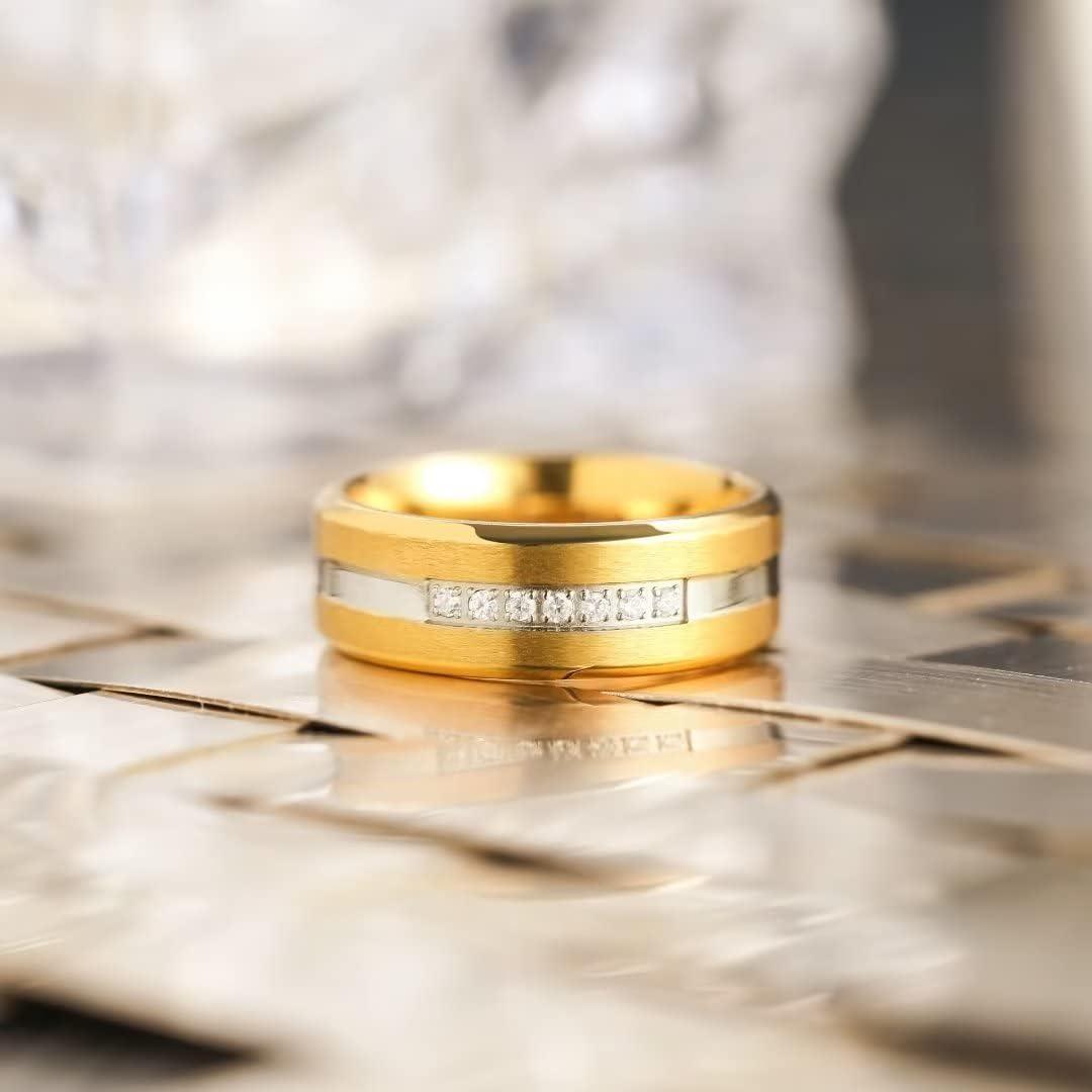 imageKing Will Titanium Wedding Band for Men Women8mm BlackSilverGold Wedding Ring with Cubic Zirconia CZ Inlay Matte Finish Engagement Promise Ring Comfort Fit Size 714Gold