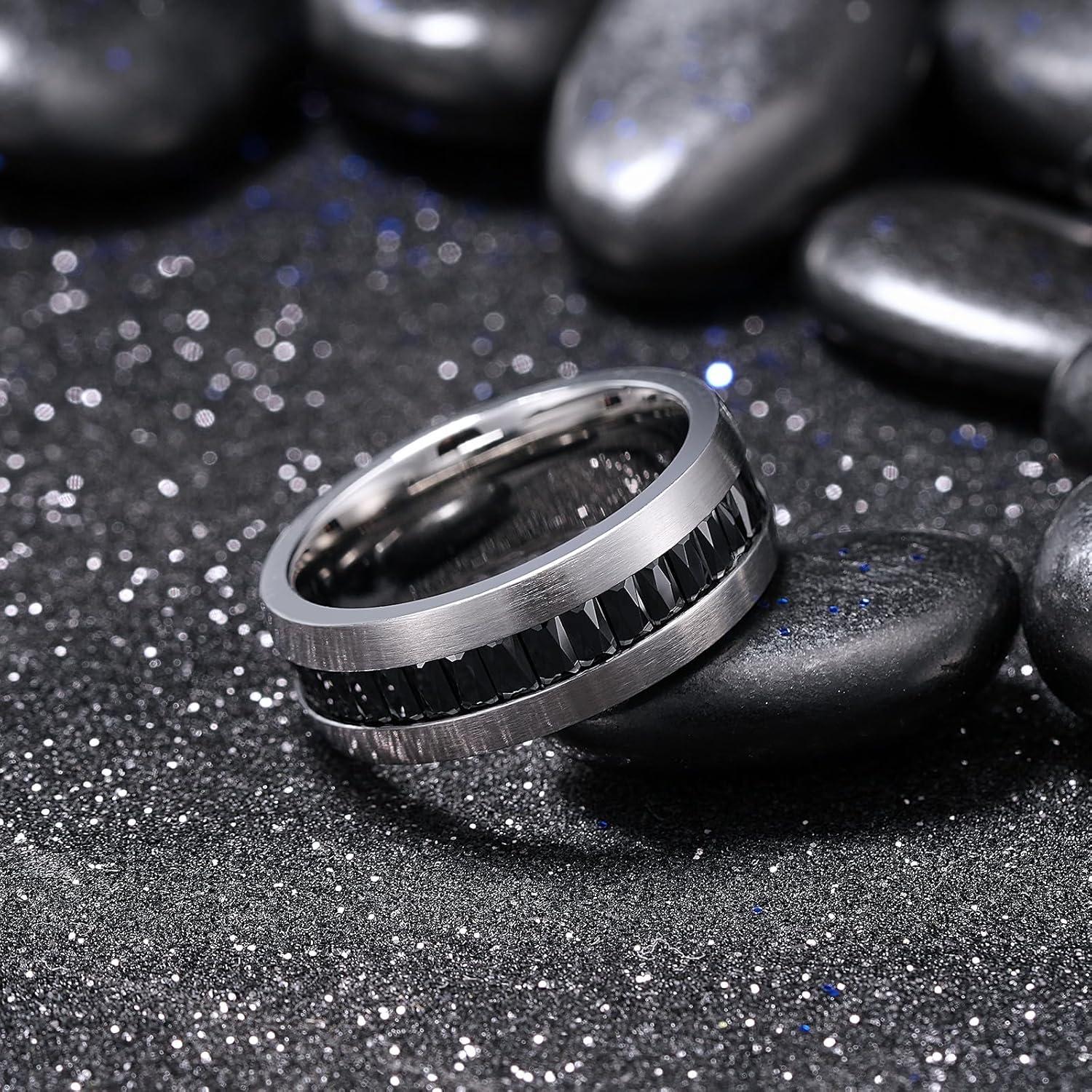 imageKing Will Titanium Wedding Band for Men Women8mm BlackSilverGold Wedding Ring with Cubic Zirconia CZ Inlay Matte Finish Engagement Promise Ring Comfort Fit Size 714SteelBlack