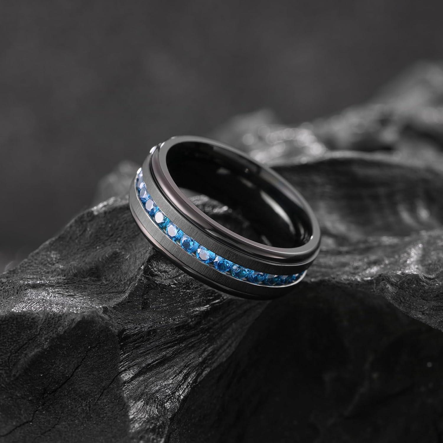 imageKing Will Titanium Wedding Band for Men Women8mm BlackSilverGold Wedding Ring with Cubic Zirconia CZ Inlay Matte Finish Engagement Promise Ring Comfort Fit Size 714BlackRoyal Blue