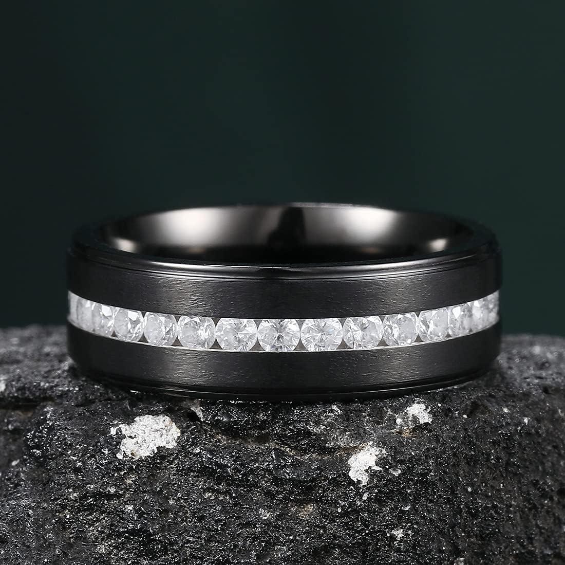 imageKing Will Titanium Wedding Band for Men Women8mm BlackSilverGold Wedding Ring with Cubic Zirconia CZ Inlay Matte Finish Engagement Promise Ring Comfort Fit Size 714Black