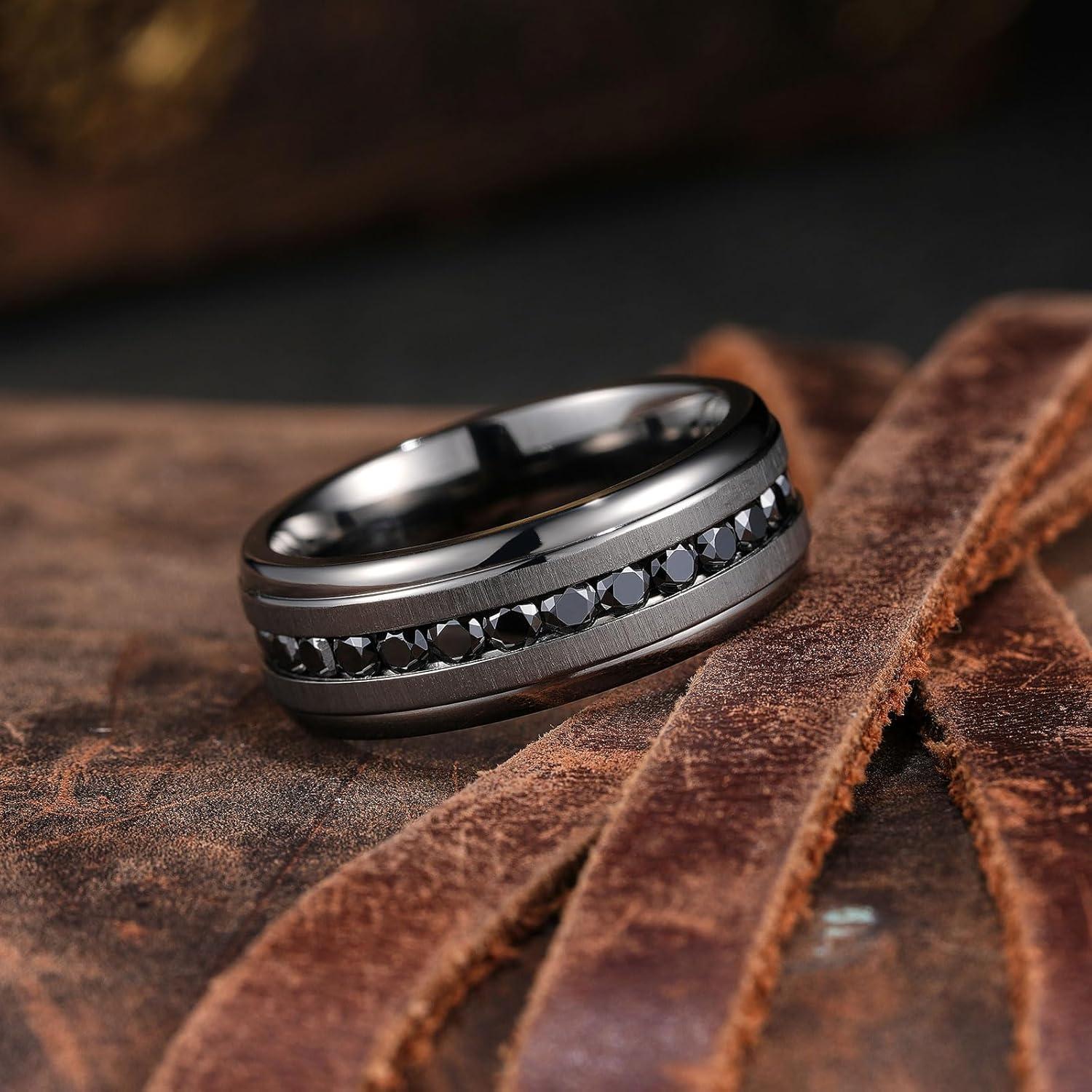 imageKing Will Titanium Wedding Band for Men Women8mm BlackSilverGold Wedding Ring with Cubic Zirconia CZ Inlay Matte Finish Engagement Promise Ring Comfort Fit Size 714Gunmetal GrayBlack