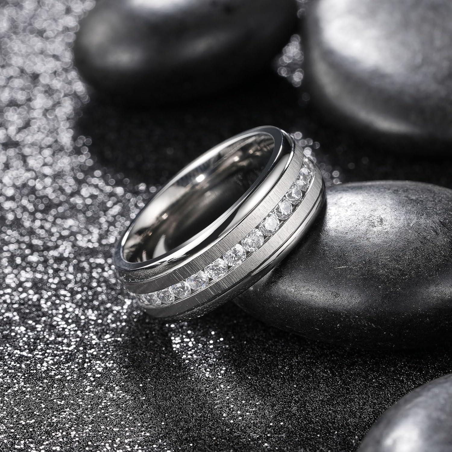 imageKing Will Titanium Wedding Band for Men Women8mm BlackSilverGold Wedding Ring with Cubic Zirconia CZ Inlay Matte Finish Engagement Promise Ring Comfort Fit Size 714SliverWhite