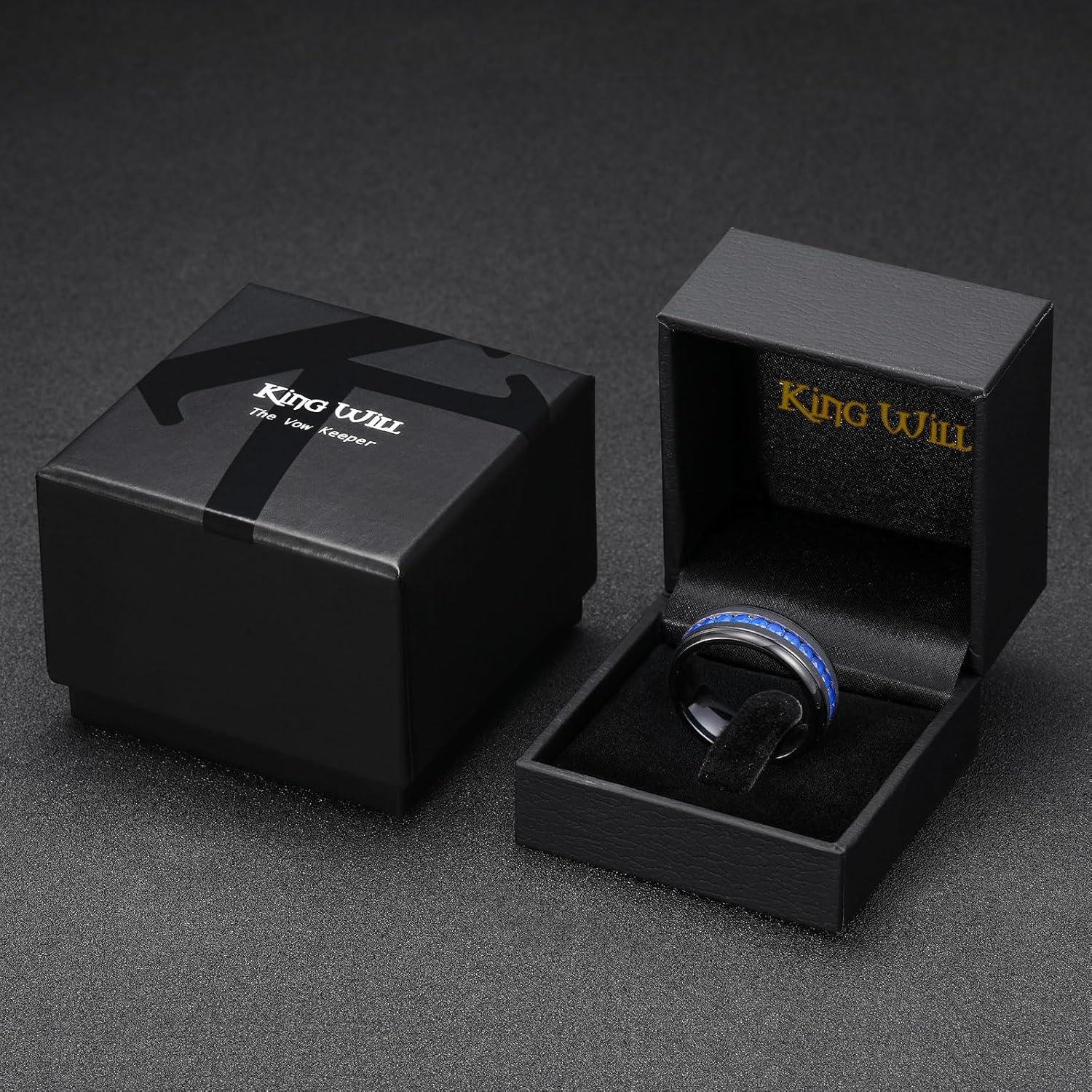 imageKing Will Titanium Wedding Band for Men Women8mm BlackSilverGold Wedding Ring with Cubic Zirconia CZ Inlay Matte Finish Engagement Promise Ring Comfort Fit Size 714BalckBlue