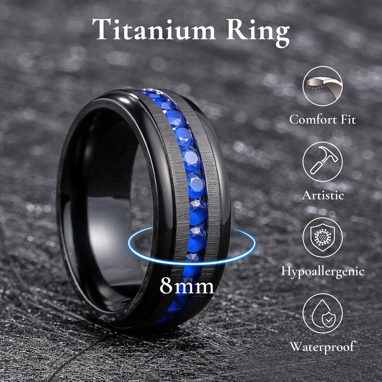 imageKing Will Titanium Wedding Band for Men Women8mm BlackSilverGold Wedding Ring with Cubic Zirconia CZ Inlay Matte Finish Engagement Promise Ring Comfort Fit Size 714BalckBlue