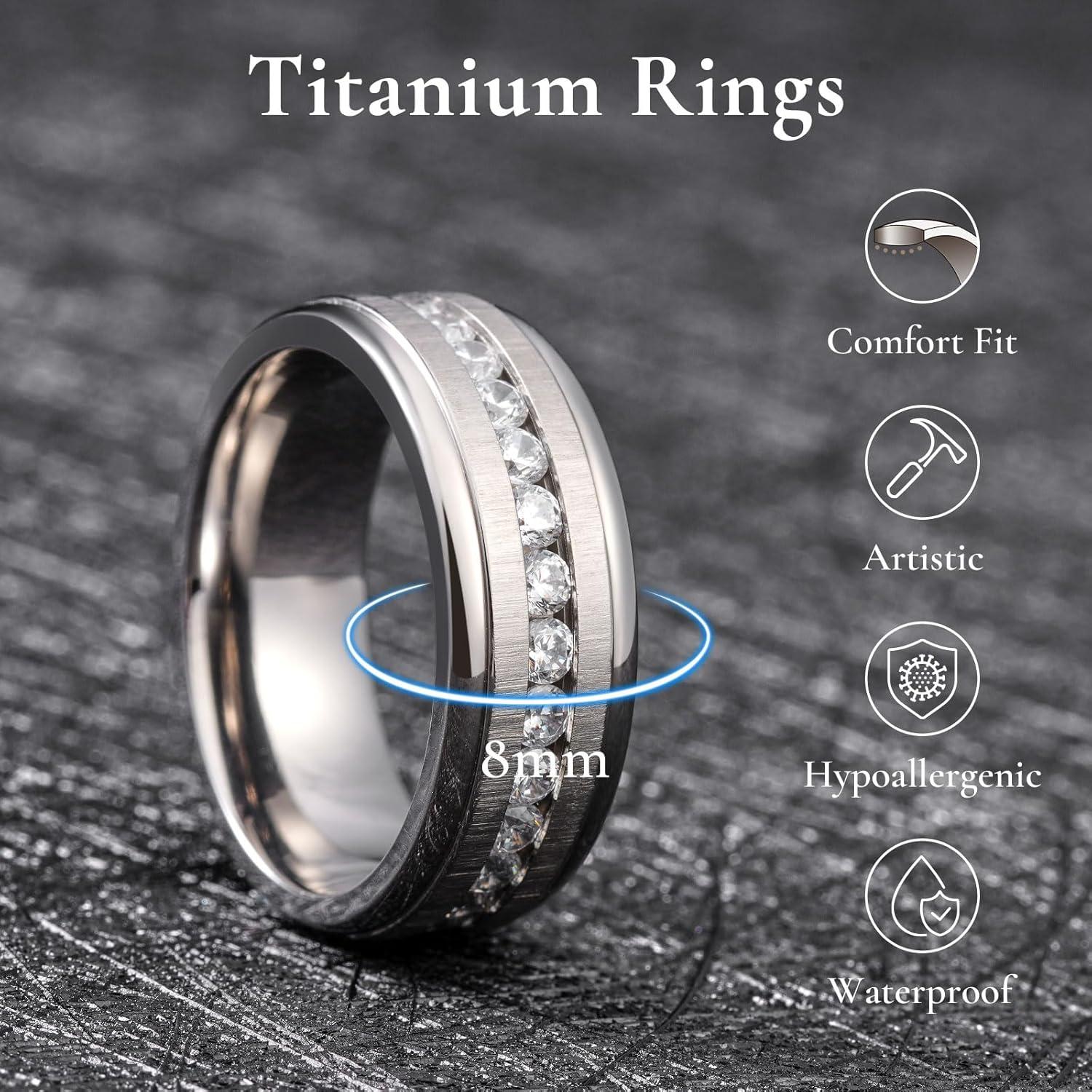 imageKing Will Titanium Wedding Band for Men Women8mm BlackSilverGold Wedding Ring with Cubic Zirconia CZ Inlay Matte Finish Engagement Promise Ring Comfort Fit Size 714SliverWhite