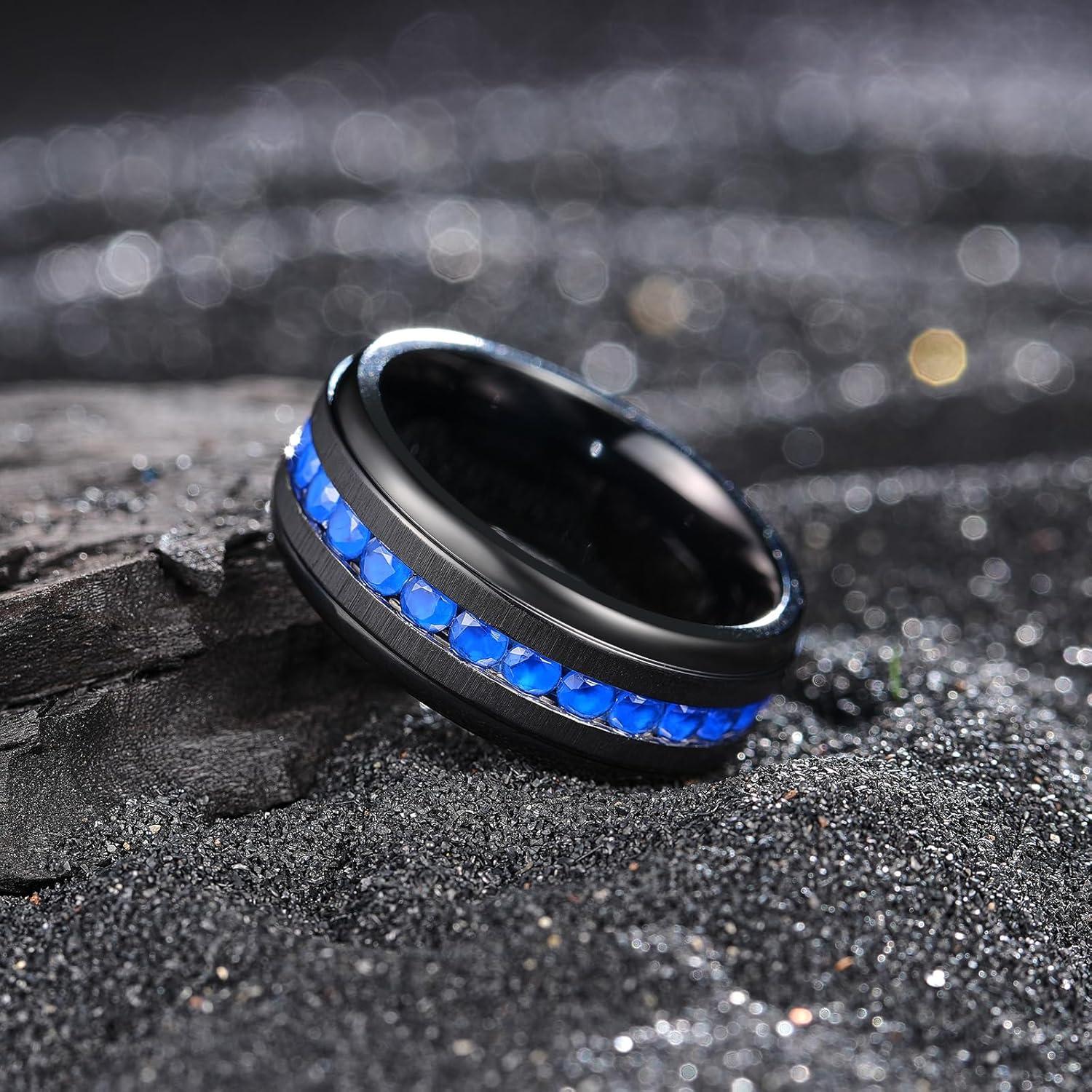 imageKing Will Titanium Wedding Band for Men Women8mm BlackSilverGold Wedding Ring with Cubic Zirconia CZ Inlay Matte Finish Engagement Promise Ring Comfort Fit Size 714BalckBlue