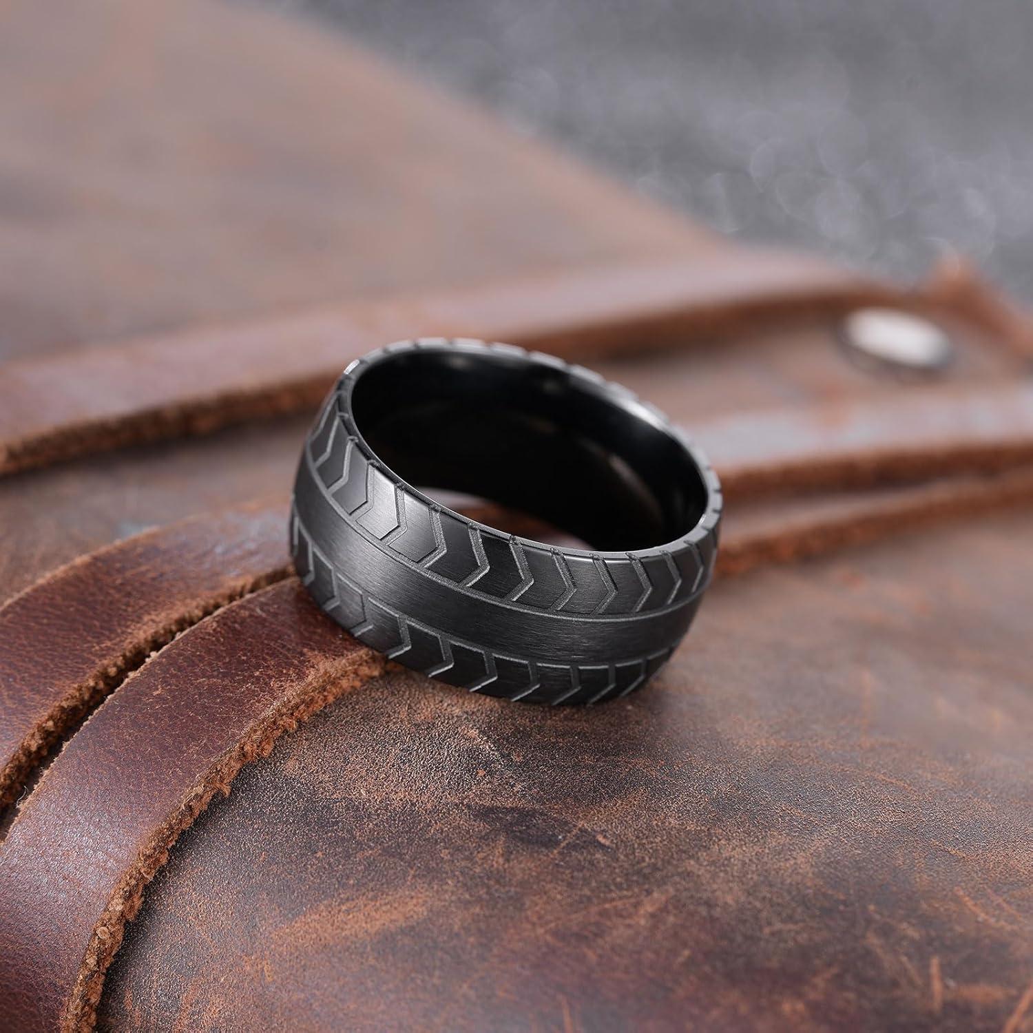 imageKing Will Titanium Wedding Ring for Men Women10mm Black Wedding Band with SingleDirection Tread Pattern Design Comfort Fit for Everday Wear Size 9