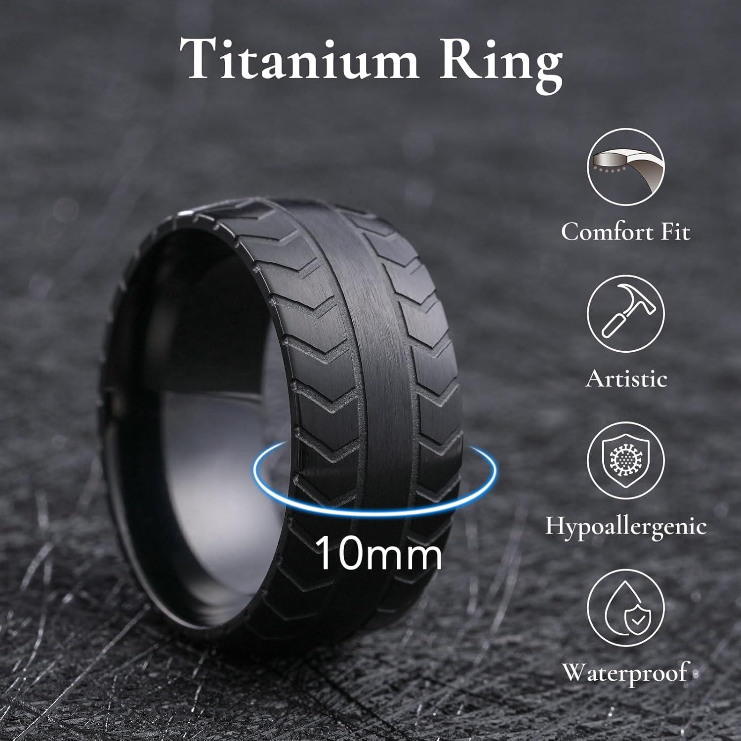 imageKing Will Titanium Wedding Ring for Men Women810mm Black Wedding Band with Tire Tread Pattern Design Comfort Fit for Everday Wear Size 91110mmBlackA