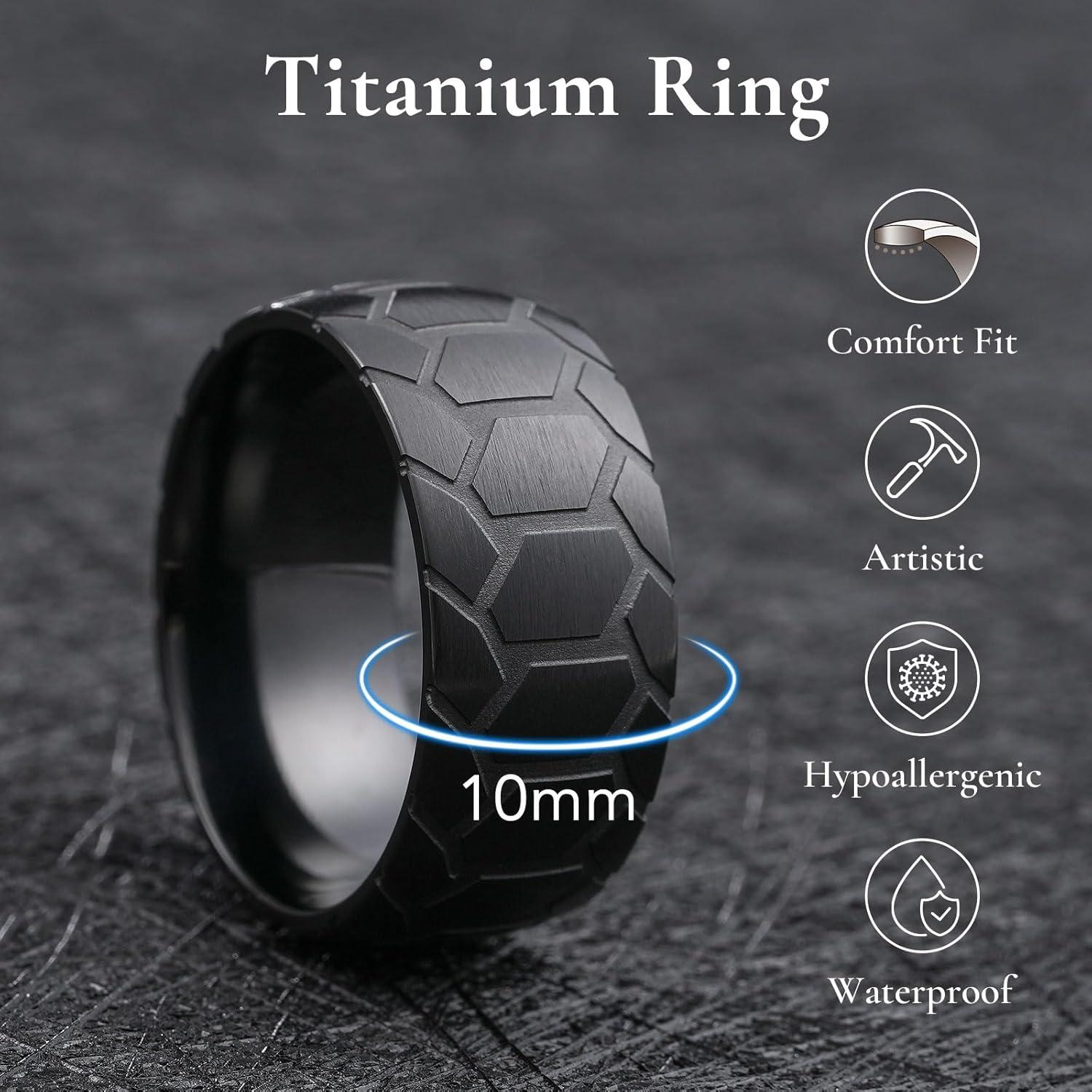 imageKing Will Titanium Wedding Ring for Men Women810mm Black Wedding Band with Tire Tread Pattern Design Comfort Fit for Everday Wear Size 91110mmBlackB