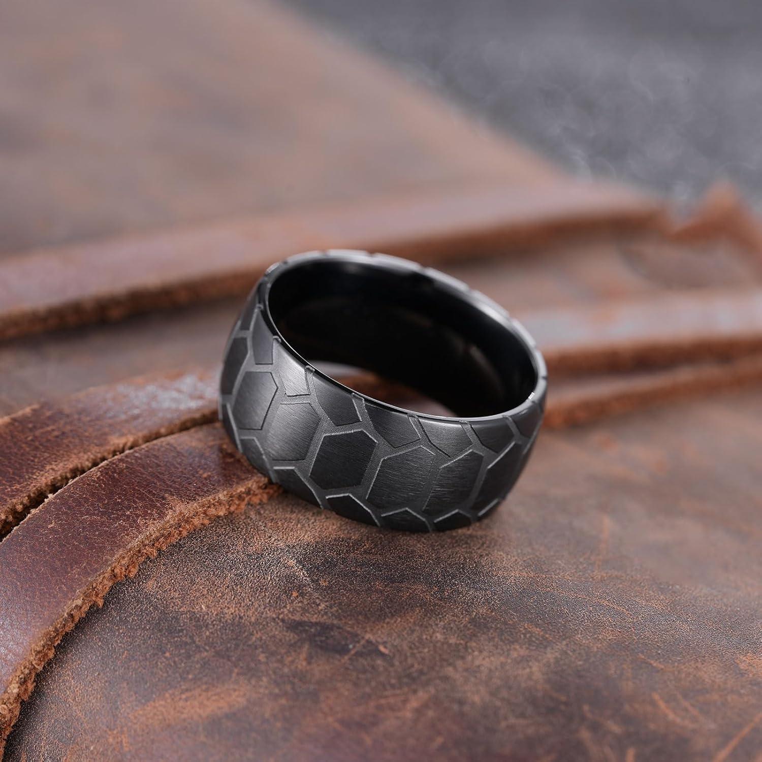 imageKing Will Titanium Wedding Ring for Men Women810mm Black Wedding Band with Tire Tread Pattern Design Comfort Fit for Everday Wear Size 91110mmBlackB