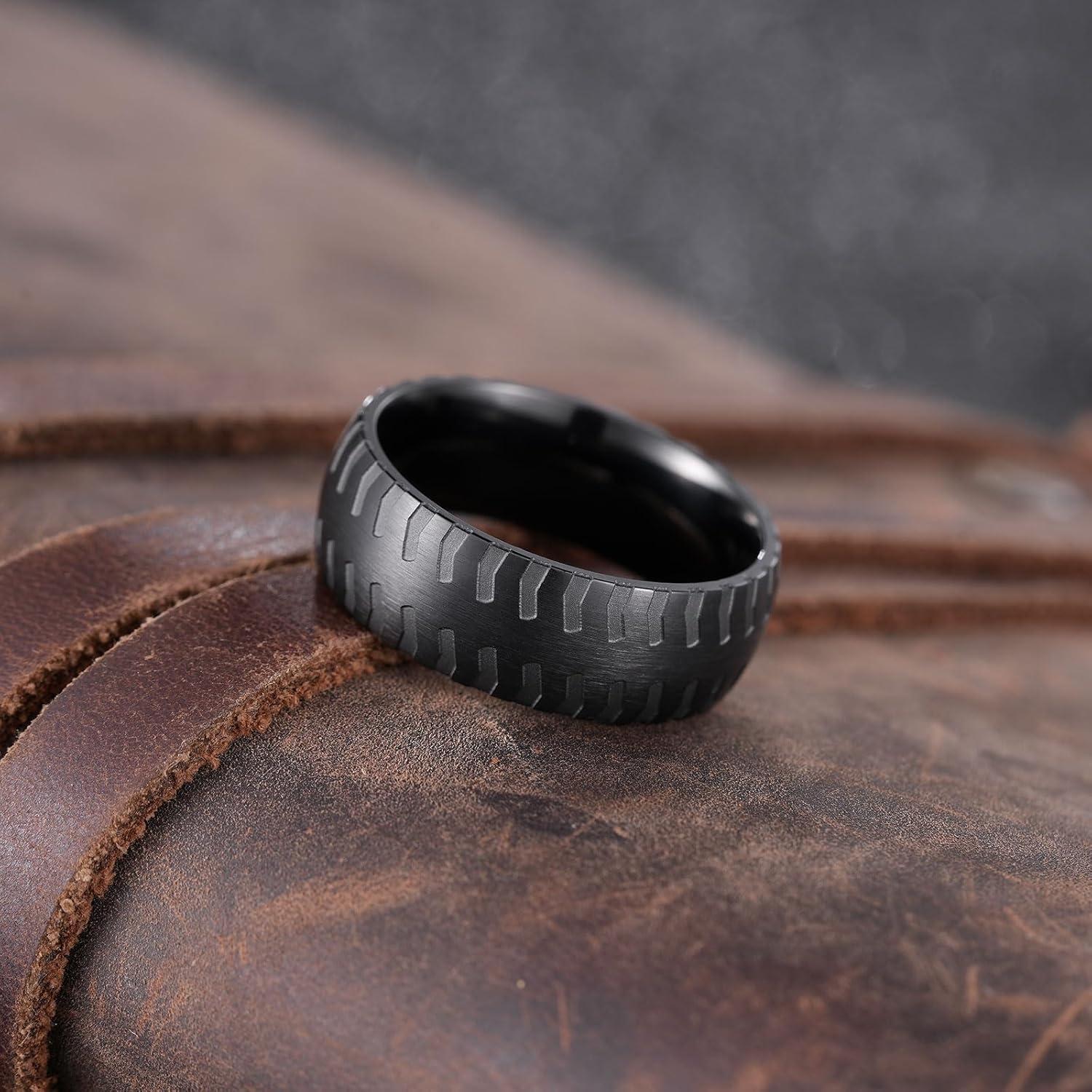 imageKing Will Titanium Wedding Ring for Men Women810mm Black Wedding Band with Tire Tread Pattern Design Comfort Fit for Everday Wear Size 9118mmBlack