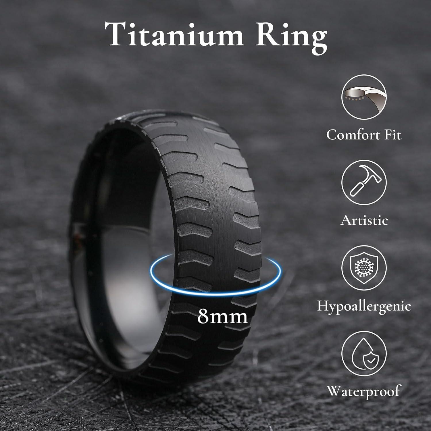 imageKing Will Titanium Wedding Ring for Men Women810mm Black Wedding Band with Tire Tread Pattern Design Comfort Fit for Everday Wear Size 9118mmBlack