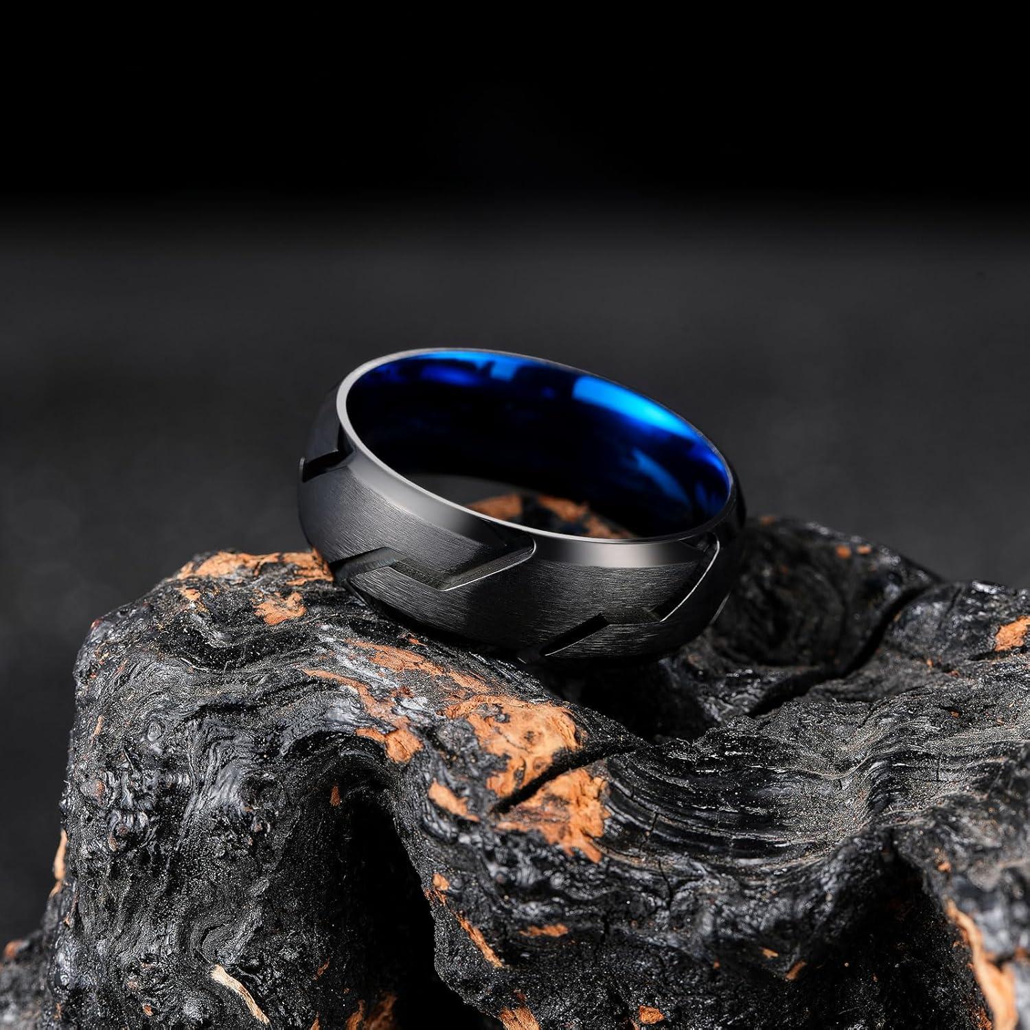 imageKing Will Titanium Wedding Ring for Men Women810mm Black Wedding Band with Tire Tread Pattern Design Comfort Fit for Everday Wear Size 9118mmBlackBlue C