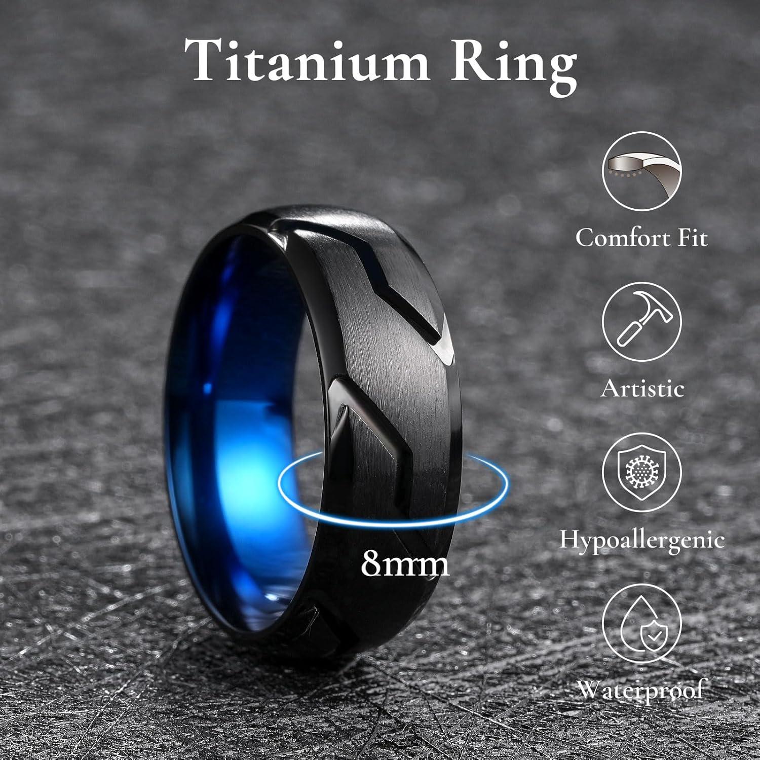 imageKing Will Titanium Wedding Ring for Men Women810mm Black Wedding Band with Tire Tread Pattern Design Comfort Fit for Everday Wear Size 9118mmBlackBlue C