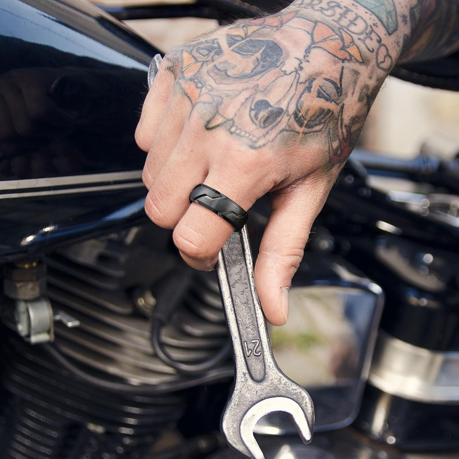 imageKing Will Titanium Wedding Ring for Men Women810mm Black Wedding Band with Tire Tread Pattern Design Comfort Fit for Everday Wear Size 9118mmBlackBlue C