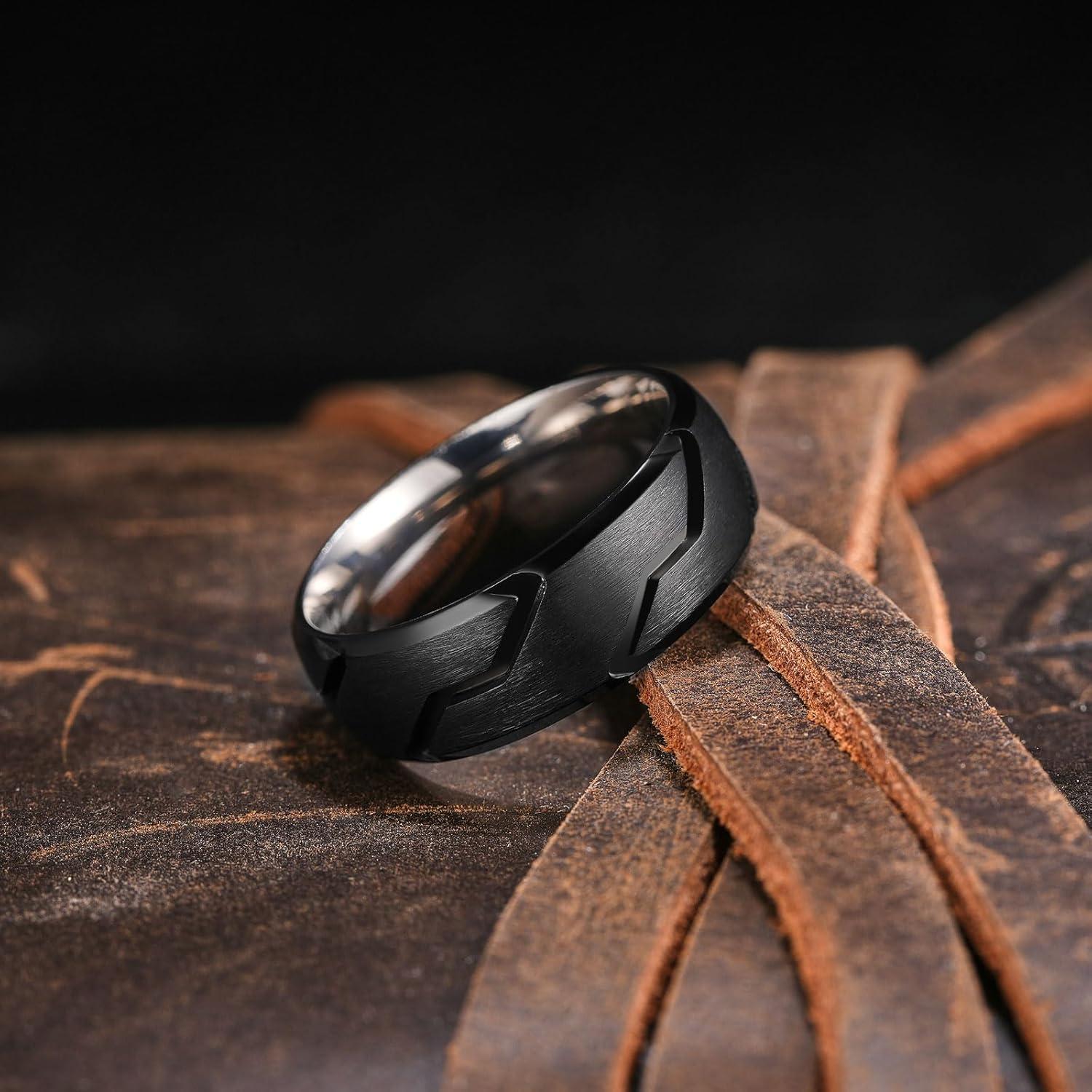 imageKing Will Titanium Wedding Ring for Men Women810mm Black Wedding Band with Tire Tread Pattern Design Comfort Fit for Everday Wear Size 9118mmBlackSilver C