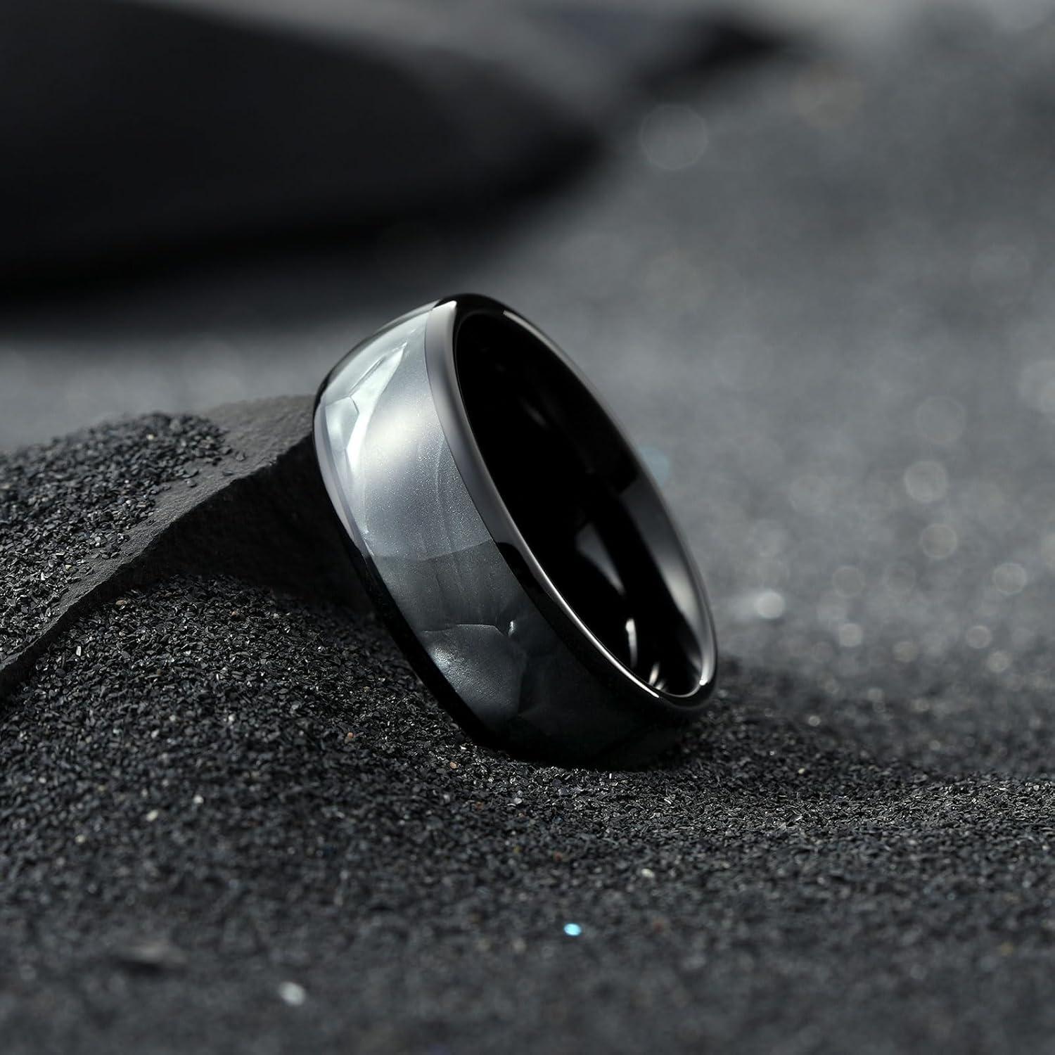 imageKing Will Tungsten Carbide Rings for Men Black Mens Wedding Band Colorful Shell Inlay Domed Polished8mm Grey