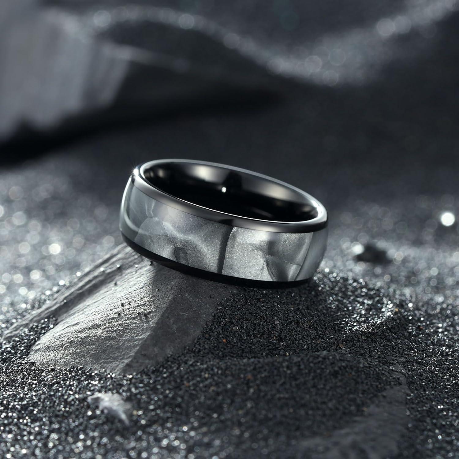imageKing Will Tungsten Carbide Rings for Men Black Mens Wedding Band Colorful Shell Inlay Domed Polished8mm Grey
