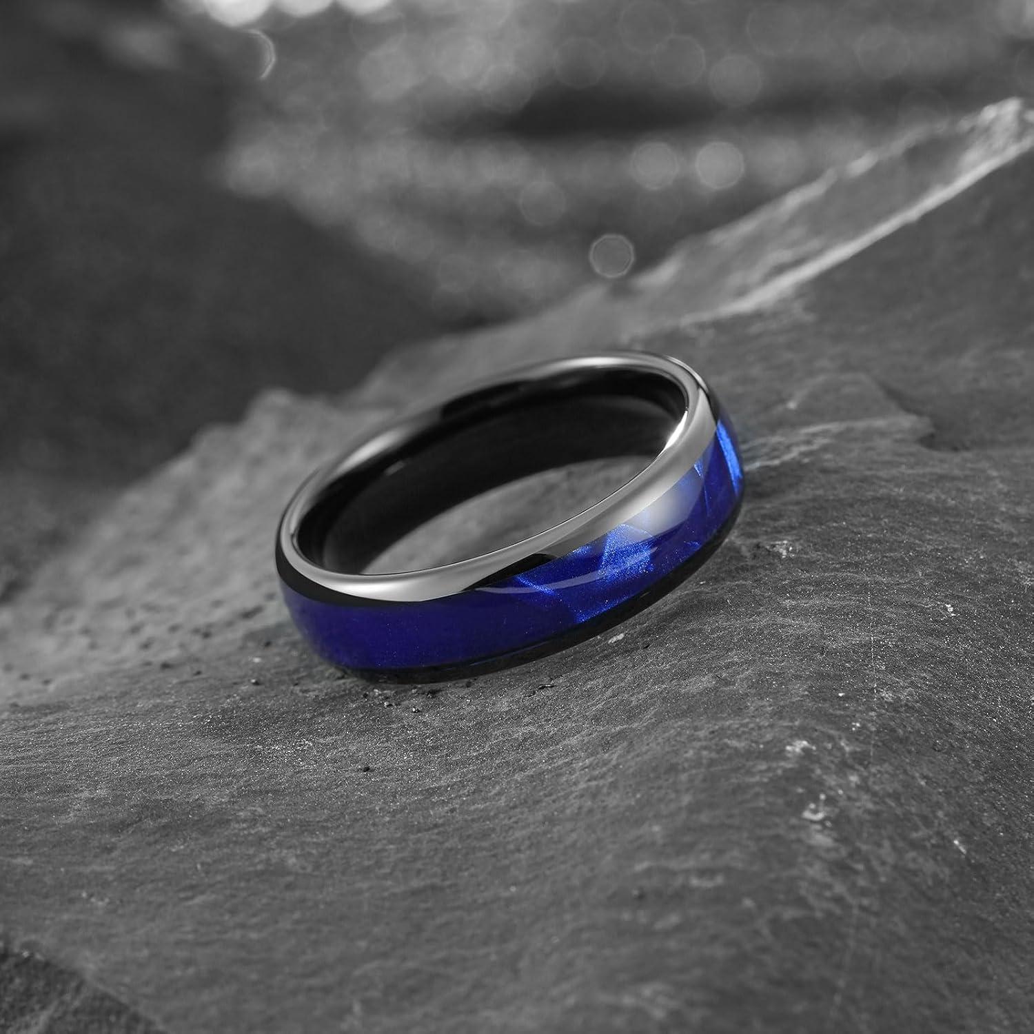 imageKing Will Tungsten Carbide Rings for Men Black Mens Wedding Band Colorful Shell Inlay Domed PolishedBlue