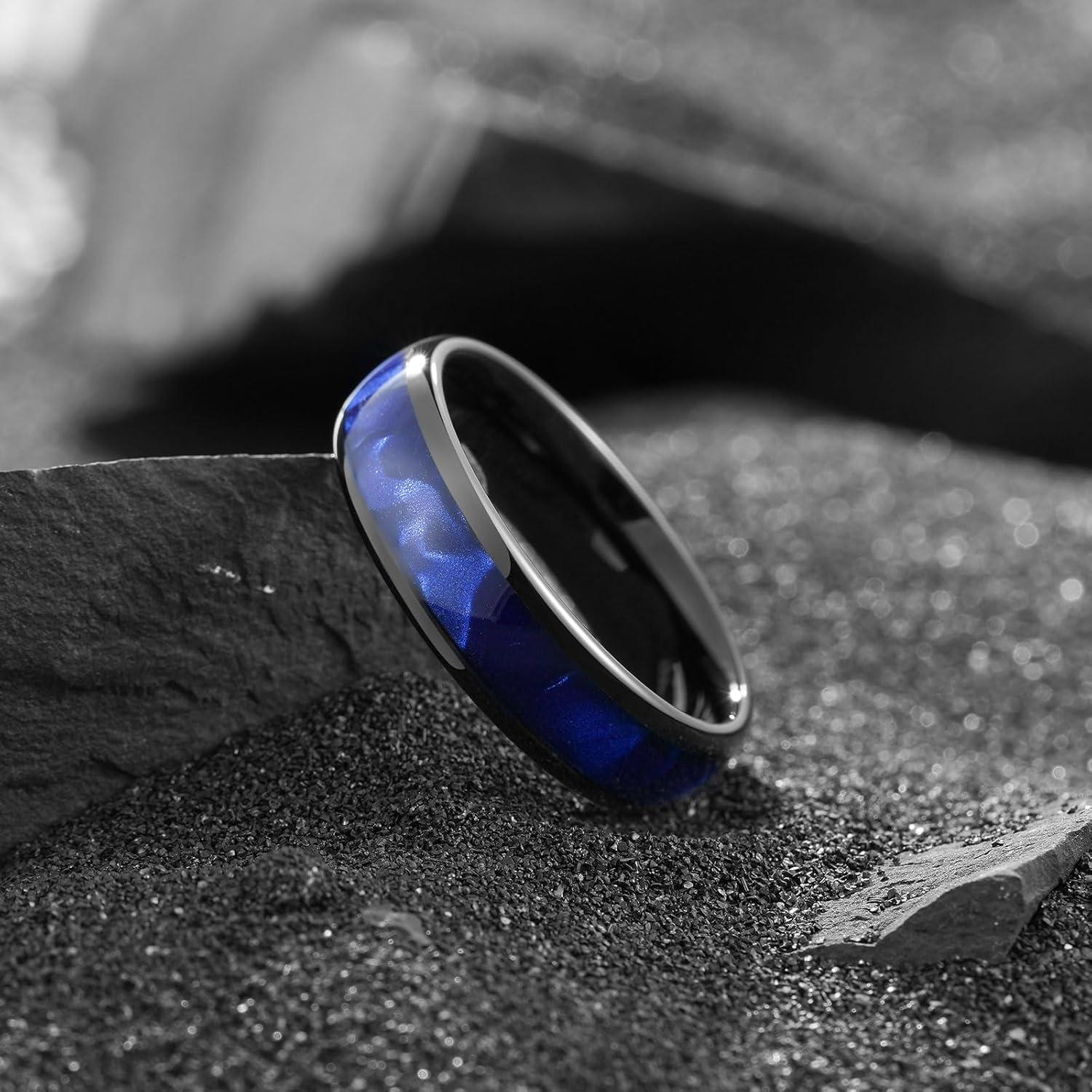 imageKing Will Tungsten Carbide Rings for Men Black Mens Wedding Band Colorful Shell Inlay Domed PolishedBlue