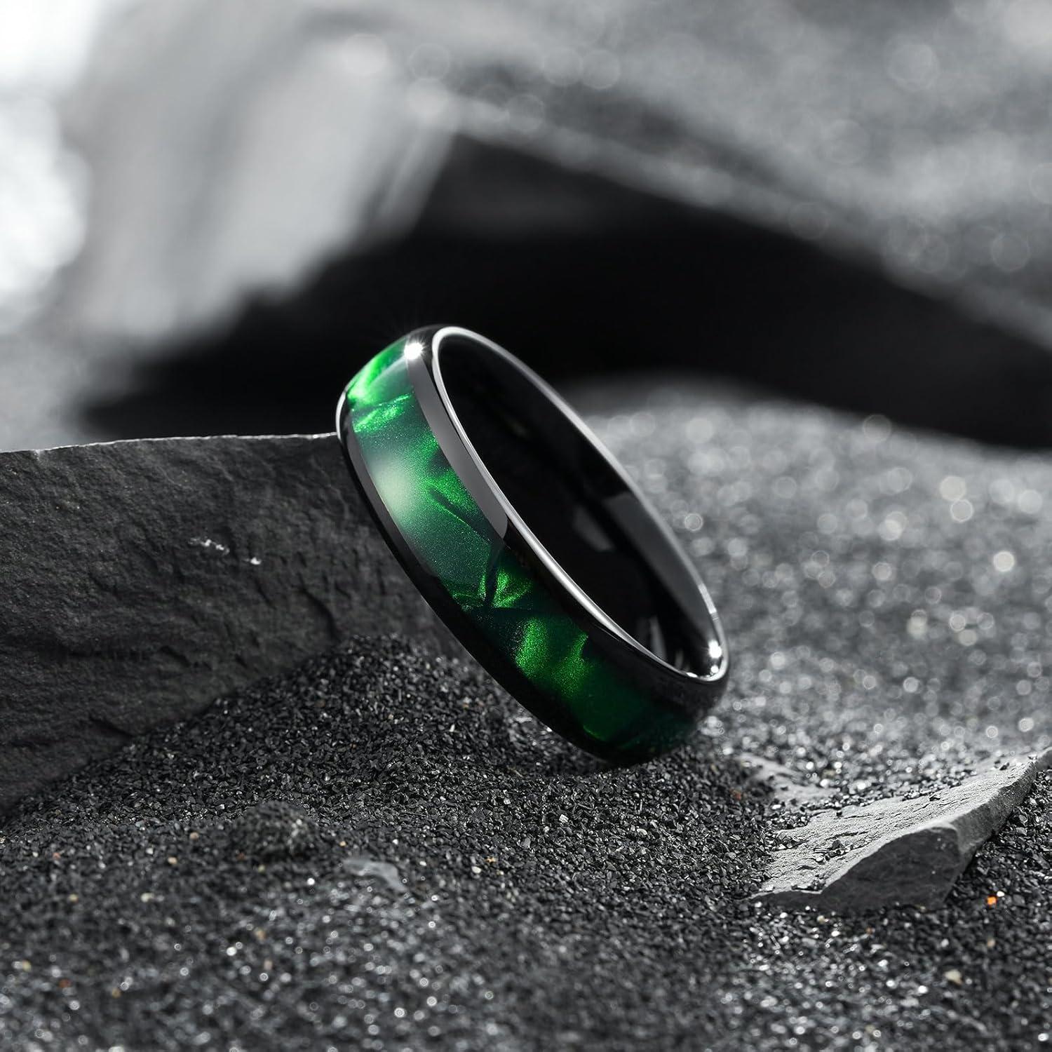 imageKing Will Tungsten Carbide Rings for Men Black Mens Wedding Band Colorful Shell Inlay Domed PolishedGreen