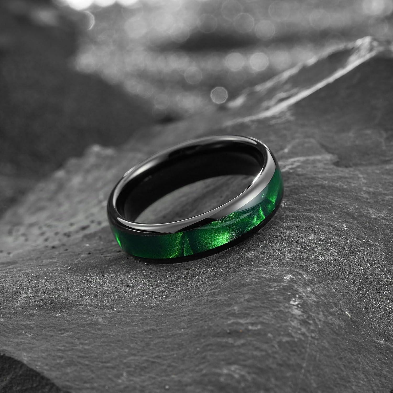 imageKing Will Tungsten Carbide Rings for Men Black Mens Wedding Band Colorful Shell Inlay Domed PolishedGreen
