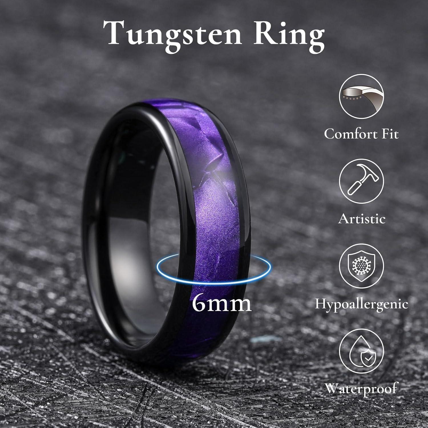 imageKing Will Tungsten Carbide Rings for Men Black Mens Wedding Band Colorful Shell Inlay Domed PolishedPurple8mm