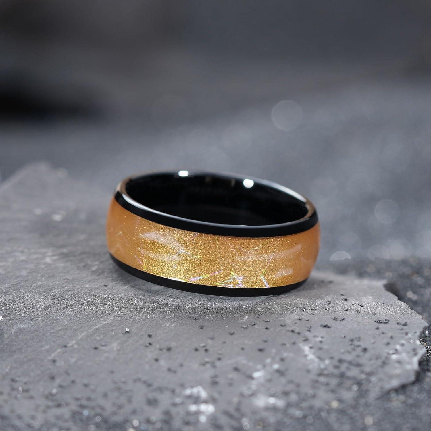 imageKing Will Tungsten Carbide Wedding Band for Men 8mm Black High Polished Domed Blue Green Gold 3D Stars Inlay Mens Ring for Everyday Wear Comfort Fit Size 714Gold8mm