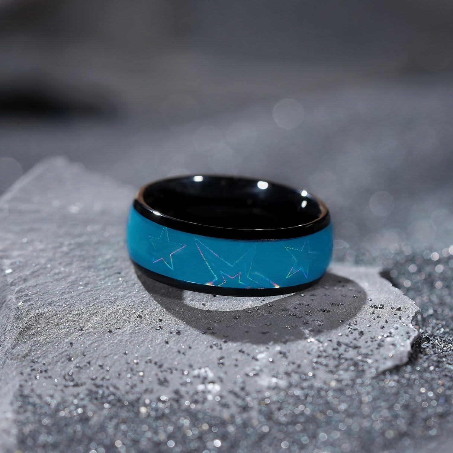 imageKing Will Tungsten Carbide Wedding Band for Men 8mm Black High Polished Domed Blue Green Gold 3D Stars Inlay Mens Ring for Everyday Wear Comfort Fit Size 714Sky Blue8mm