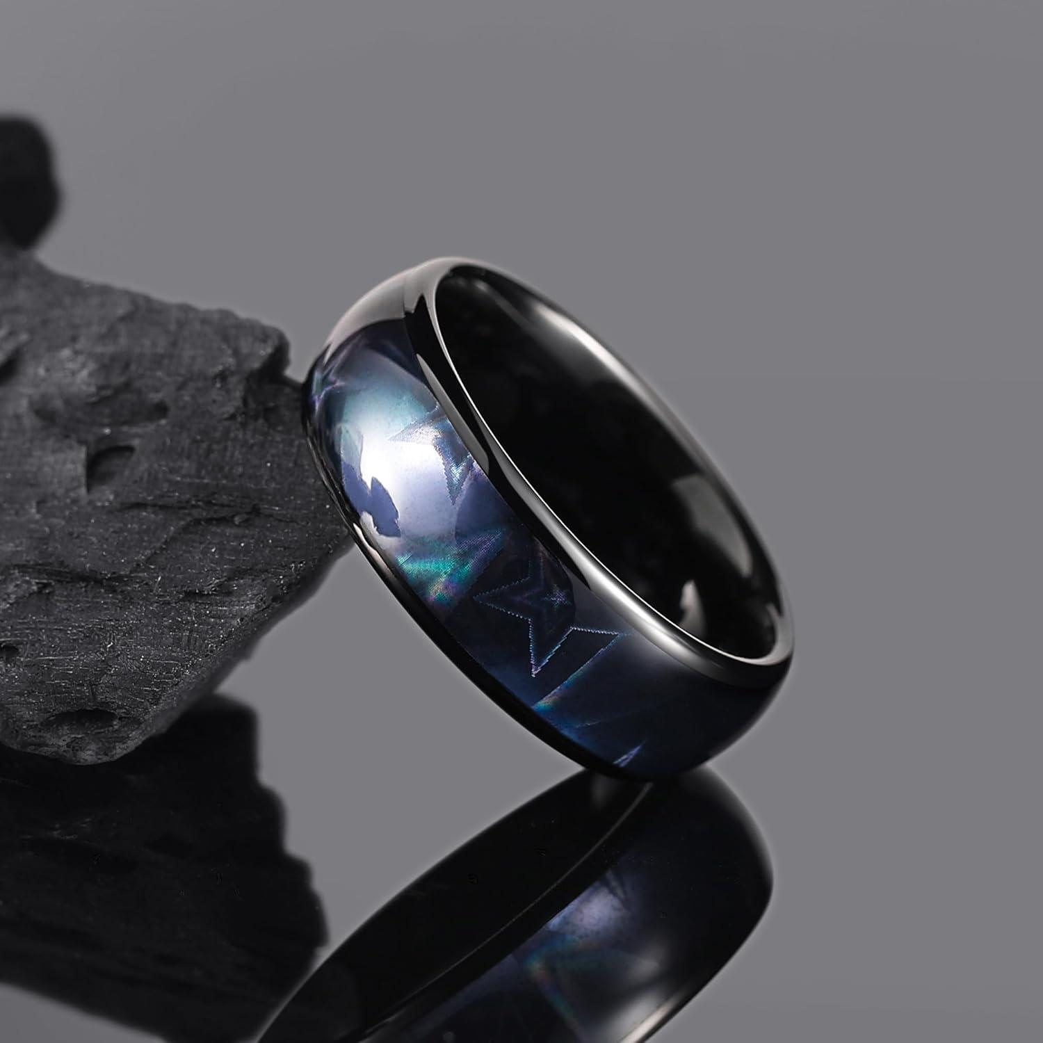 imageKing Will Tungsten Carbide Wedding Band for Men 8mm Black High Polished Domed Blue Green Gold 3D Stars Inlay Mens Ring for Everyday Wear Comfort Fit Size 714Black 8mm