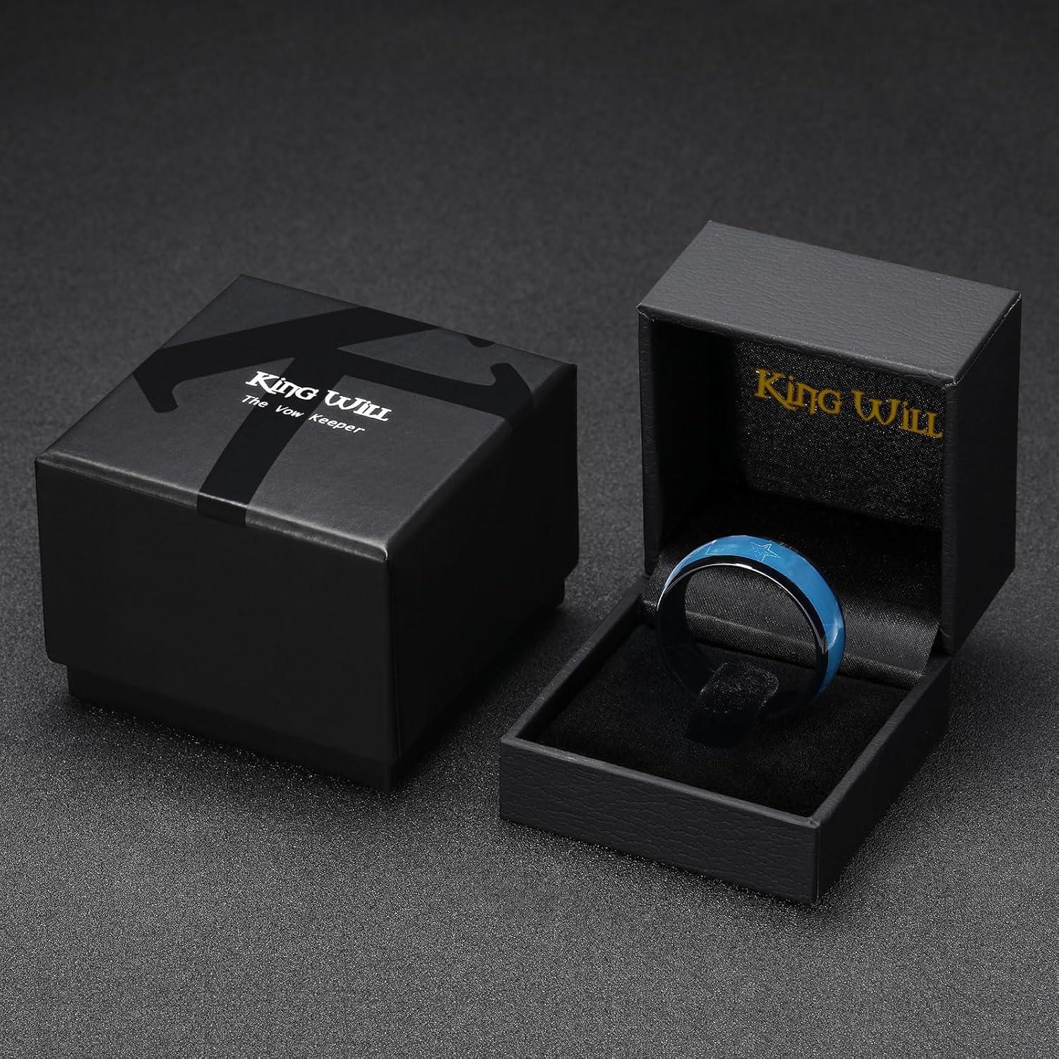 imageKing Will Tungsten Carbide Wedding Band for Men 8mm Black High Polished Domed Blue Green Gold 3D Stars Inlay Mens Ring for Everyday Wear Comfort Fit Size 714Sky Blue8mm