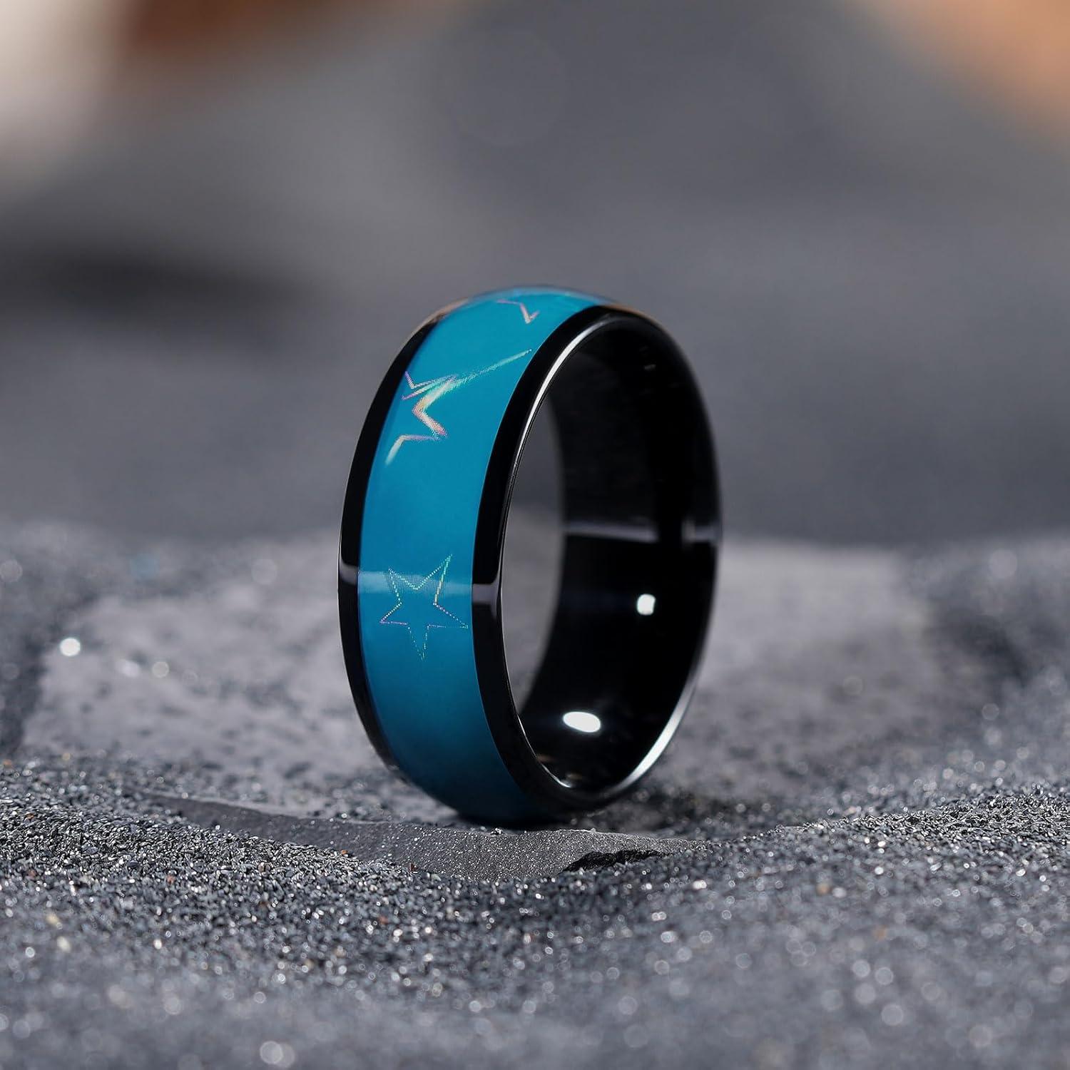 imageKing Will Tungsten Carbide Wedding Band for Men 8mm Black High Polished Domed Blue Green Gold 3D Stars Inlay Mens Ring for Everyday Wear Comfort Fit Size 714Sky Blue8mm