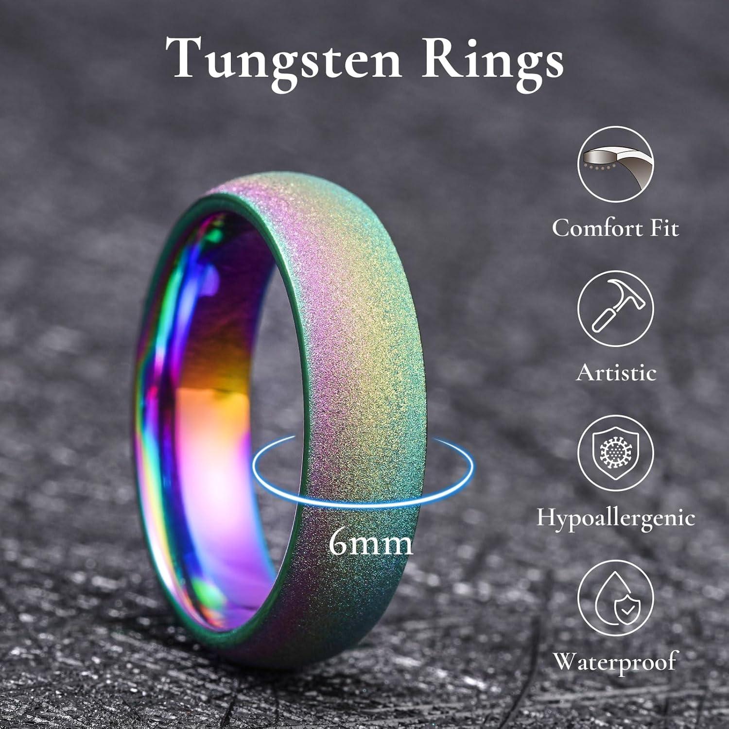 imageKing Will Tungsten Carbide Wedding Band for Men 8mm Black High Polished Domed Blue Green Gold 3D Stars Inlay Mens Ring for Everyday Wear Comfort Fit Size 714Rainbow6mm