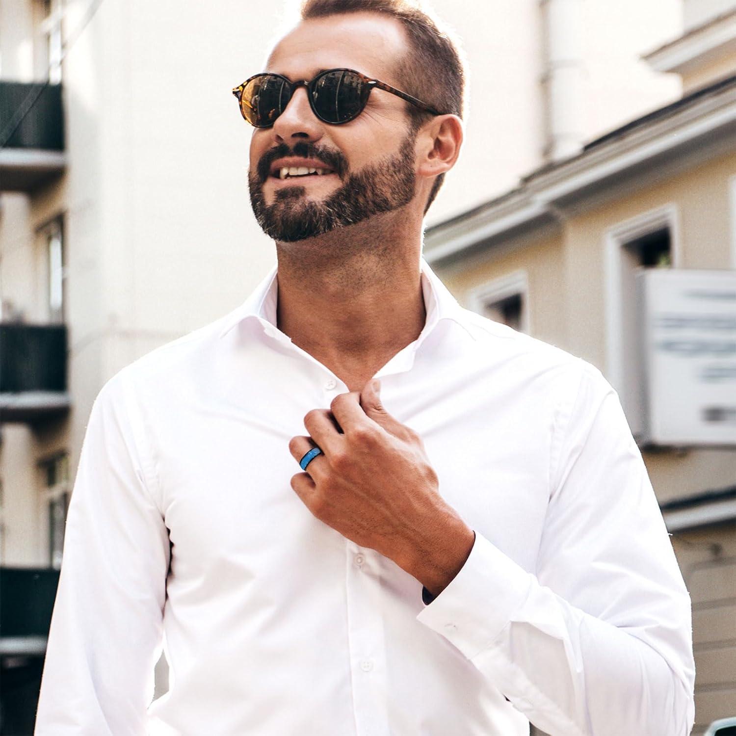 imageKing Will Tungsten Carbide Wedding Band for Men 8mm Black High Polished Domed Blue Green Gold 3D Stars Inlay Mens Ring for Everyday Wear Comfort Fit Size 714Sky Blue8mm