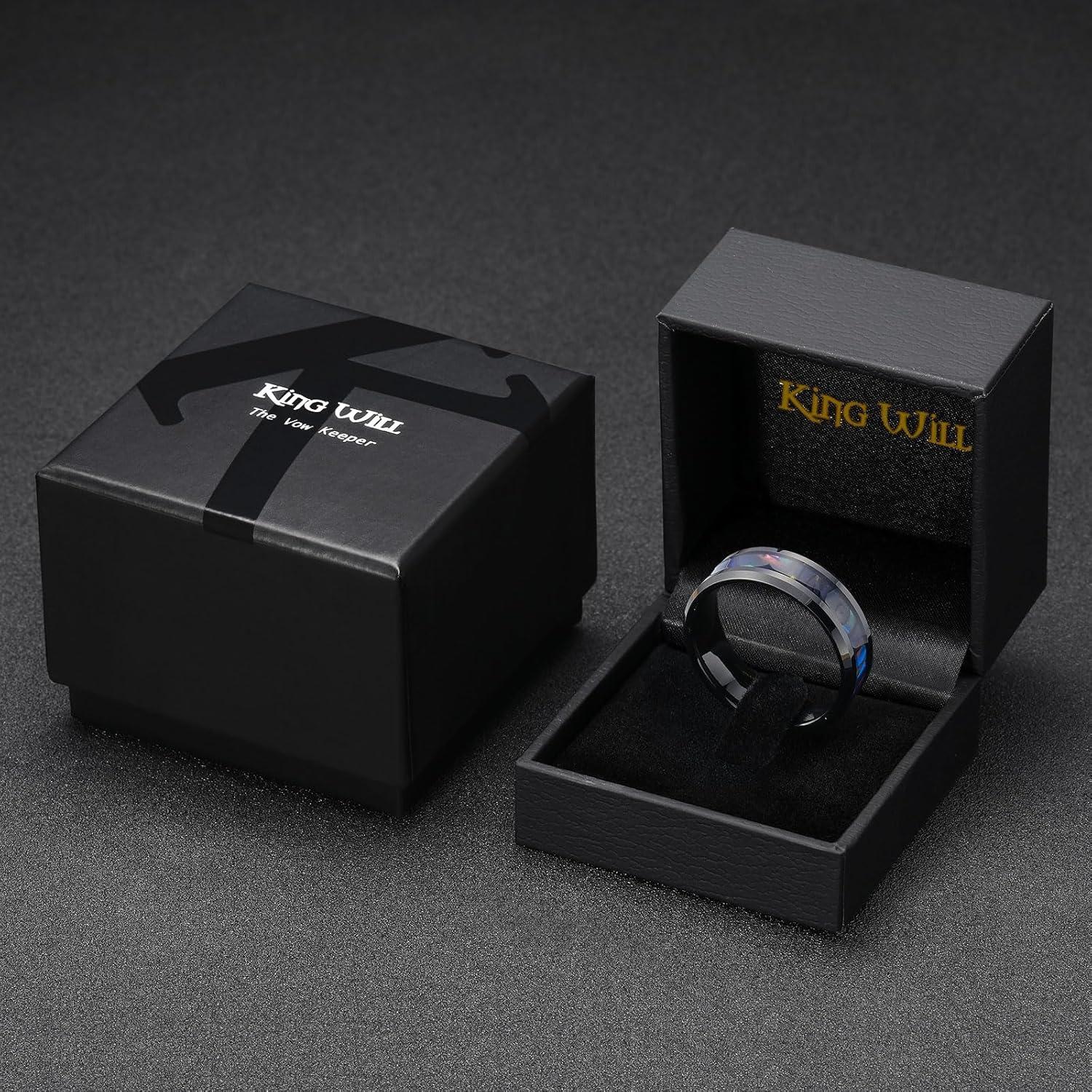 imageKing Will Tungsten Carbide Wedding Band for Men 8mm Black High Polished Inlay GreenBlack Olive Shell Texture Patterns for Everyday Wear Comfort FitAbalone Shell