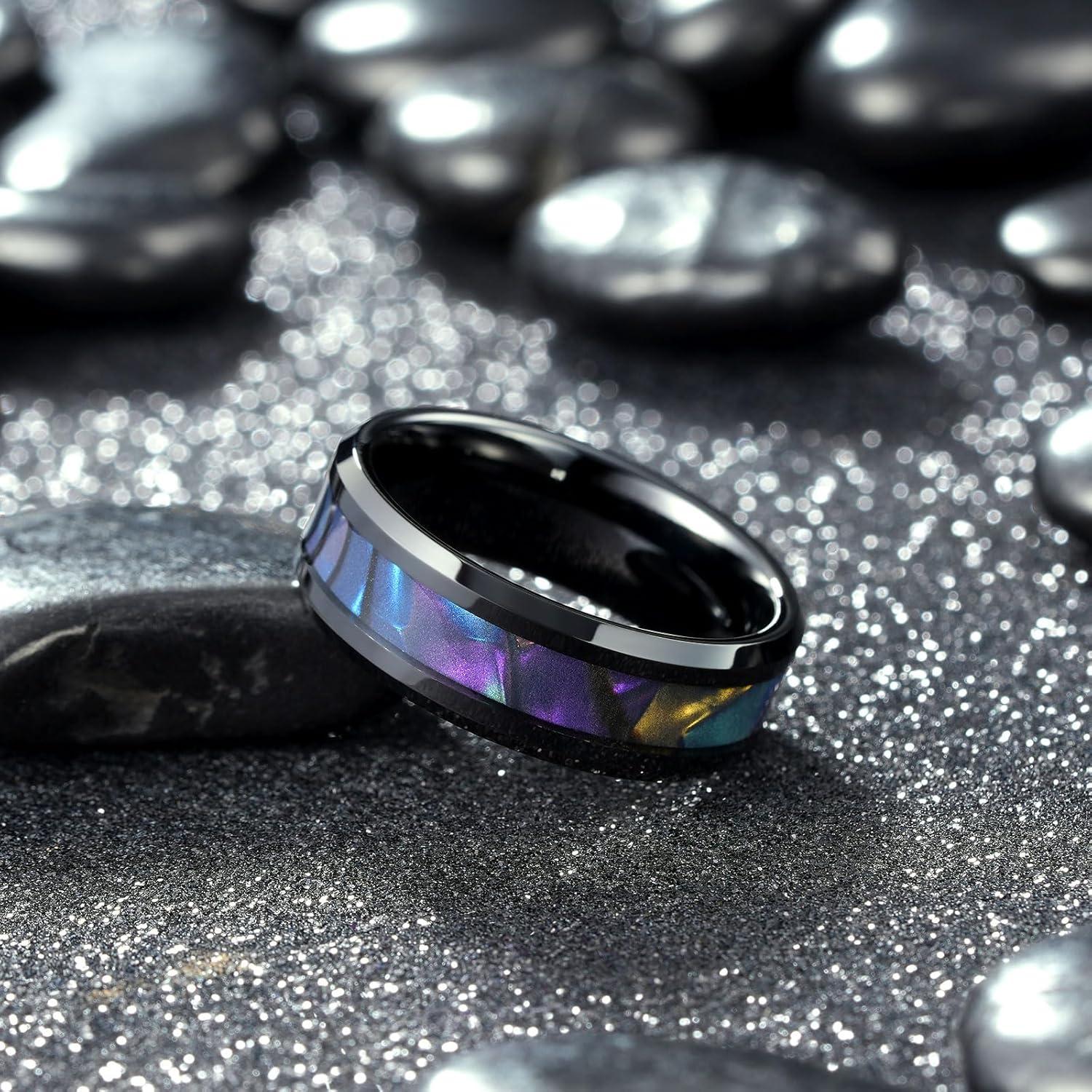 imageKing Will Tungsten Carbide Wedding Band for Men 8mm Black High Polished Inlay GreenBlack Olive Shell Texture Patterns for Everyday Wear Comfort FitAbalone Shell