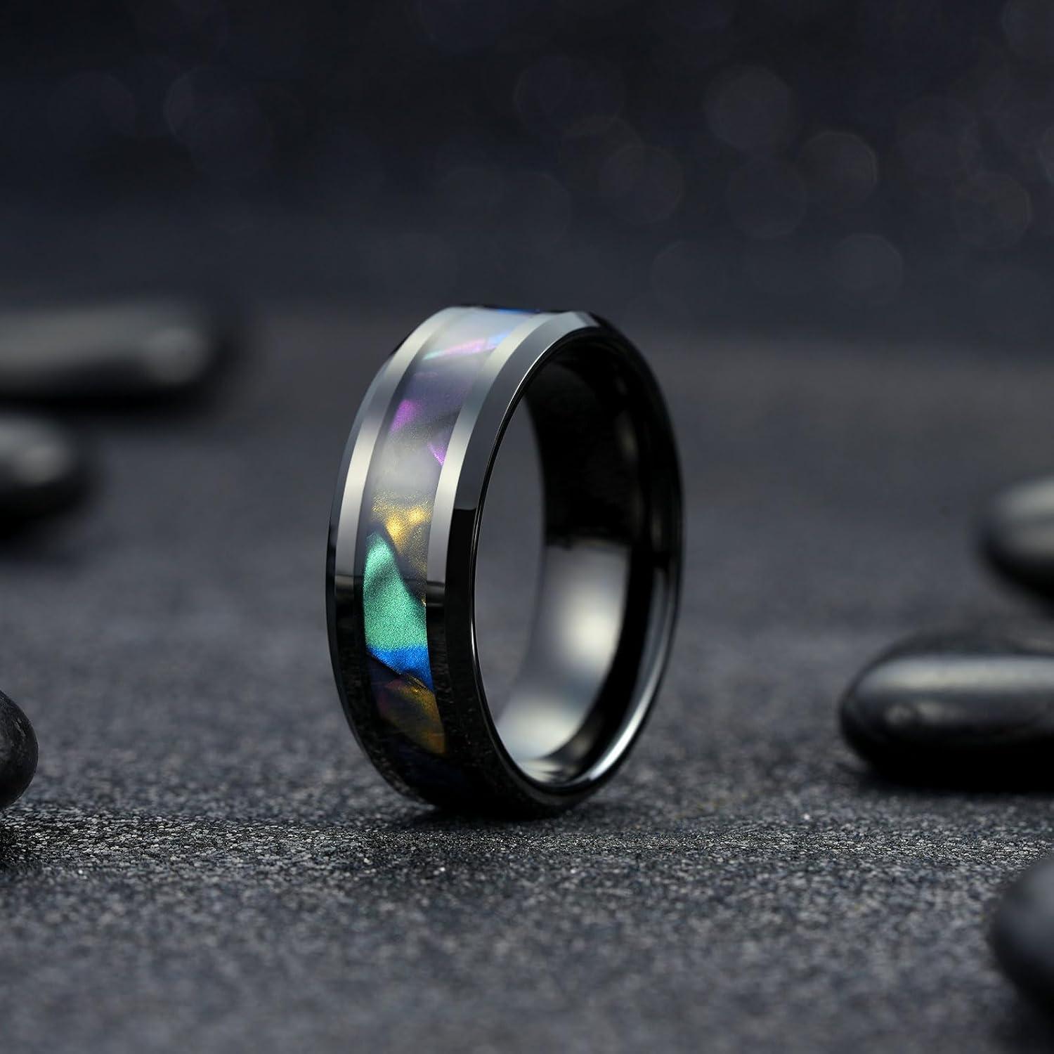 imageKing Will Tungsten Carbide Wedding Band for Men 8mm Black High Polished Inlay GreenBlack Olive Shell Texture Patterns for Everyday Wear Comfort FitAbalone Shell