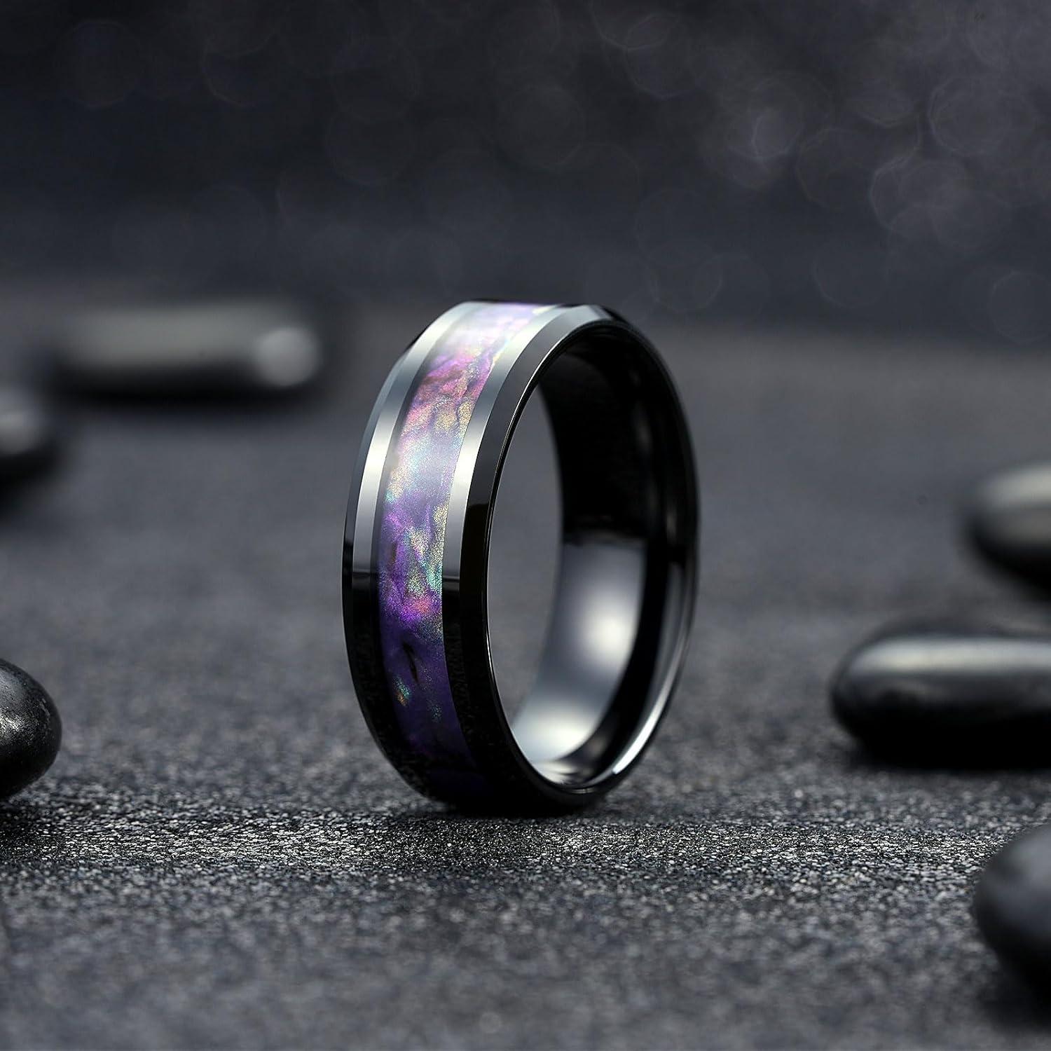 imageKing Will Tungsten Carbide Wedding Band for Men 8mm Black High Polished Inlay GreenBlack Olive Shell Texture Patterns for Everyday Wear Comfort FitBluePurplePink Shell