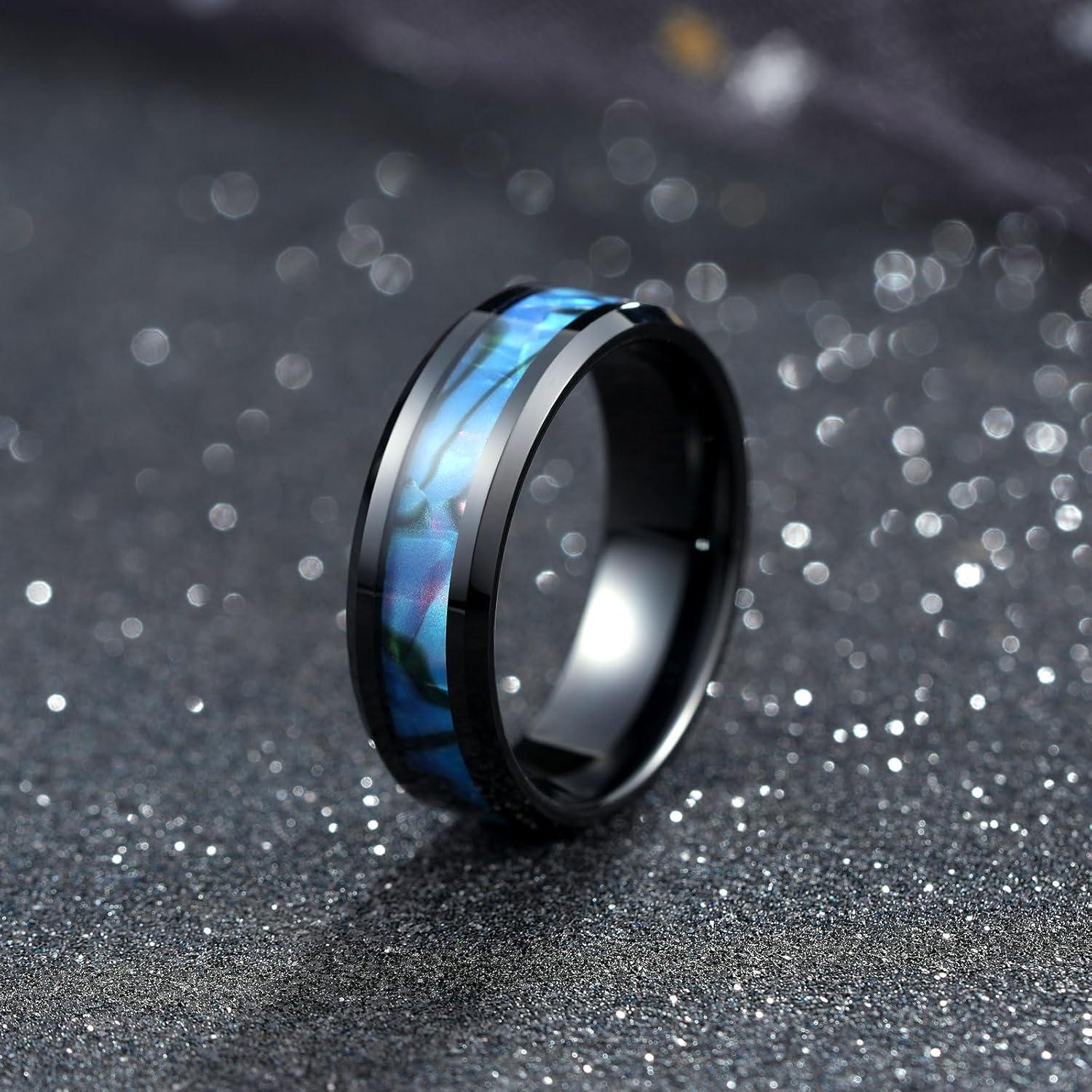 imageKing Will Tungsten Carbide Wedding Band for Men 8mm Black High Polished Inlay GreenBlack Olive Shell Texture Patterns for Everyday Wear Comfort FitBlue Green Shell