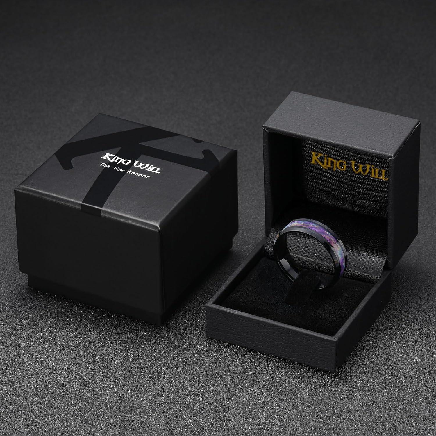 imageKing Will Tungsten Carbide Wedding Band for Men 8mm Black High Polished Inlay GreenBlack Olive Shell Texture Patterns for Everyday Wear Comfort FitBluePurplePink Shell