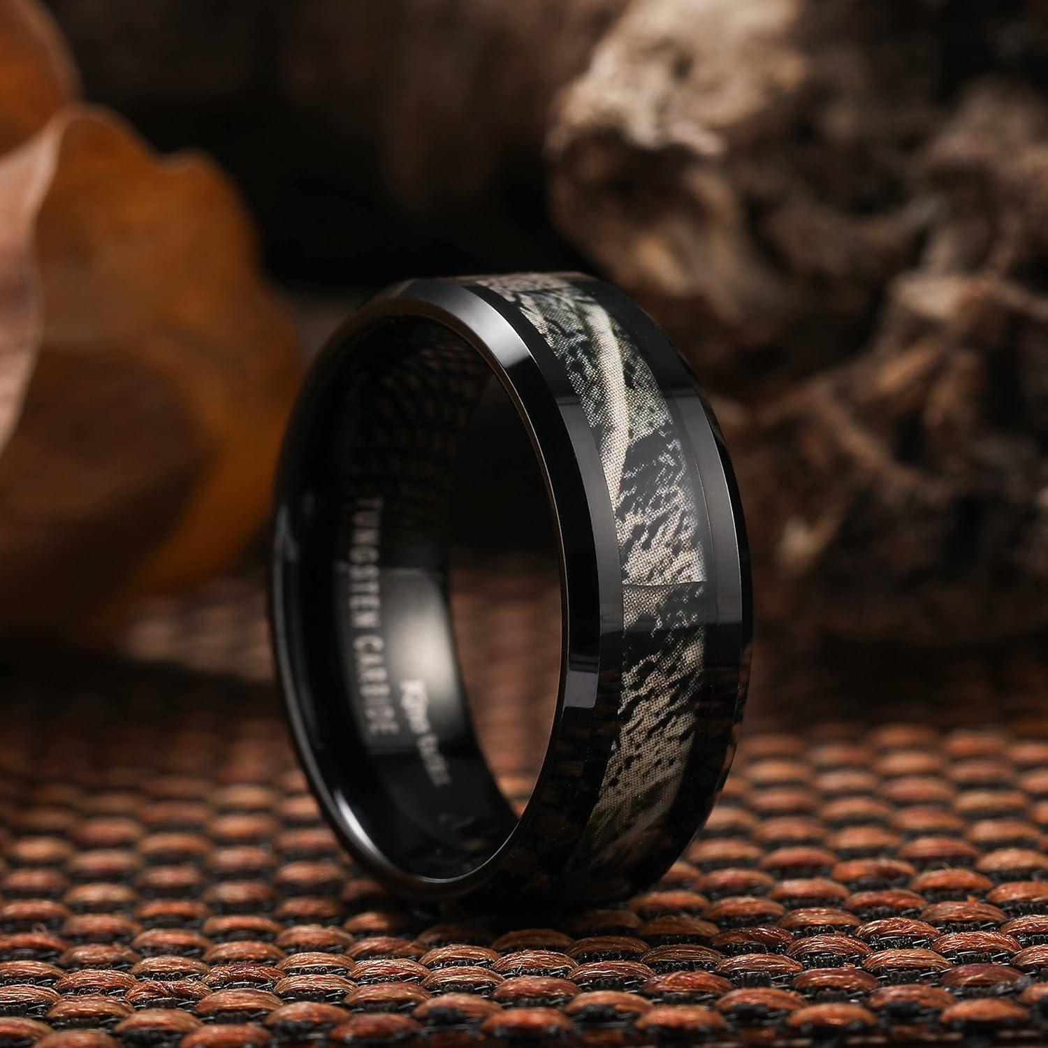 imageKing Will Tungsten Carbide Wedding Band for Men 8mm Black High Polished Inlay GreenBlack Olive Shell Texture Patterns for Everyday Wear Comfort FitBlack Camo 8mm