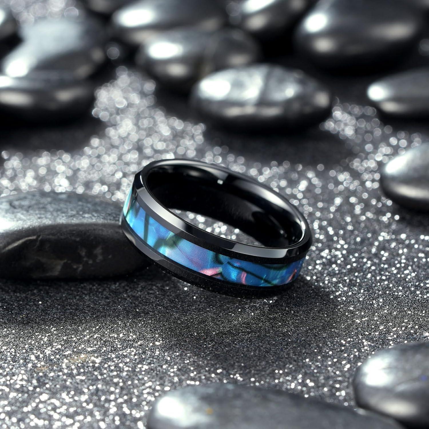 imageKing Will Tungsten Carbide Wedding Band for Men 8mm Black High Polished Inlay GreenBlack Olive Shell Texture Patterns for Everyday Wear Comfort FitBlue Green Shell