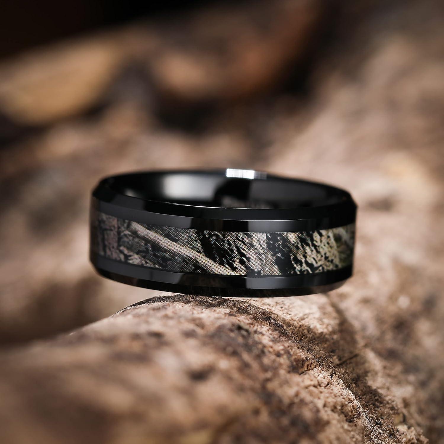 imageKing Will Tungsten Carbide Wedding Band for Men 8mm Black High Polished Inlay GreenBlack Olive Shell Texture Patterns for Everyday Wear Comfort FitBlack Camo 8mm